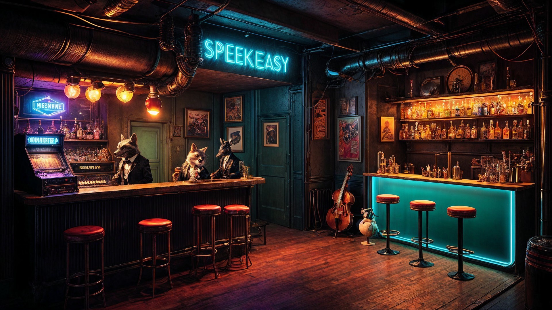 Vibrant Speakeasy Bar with Plush Seating and Jukebox