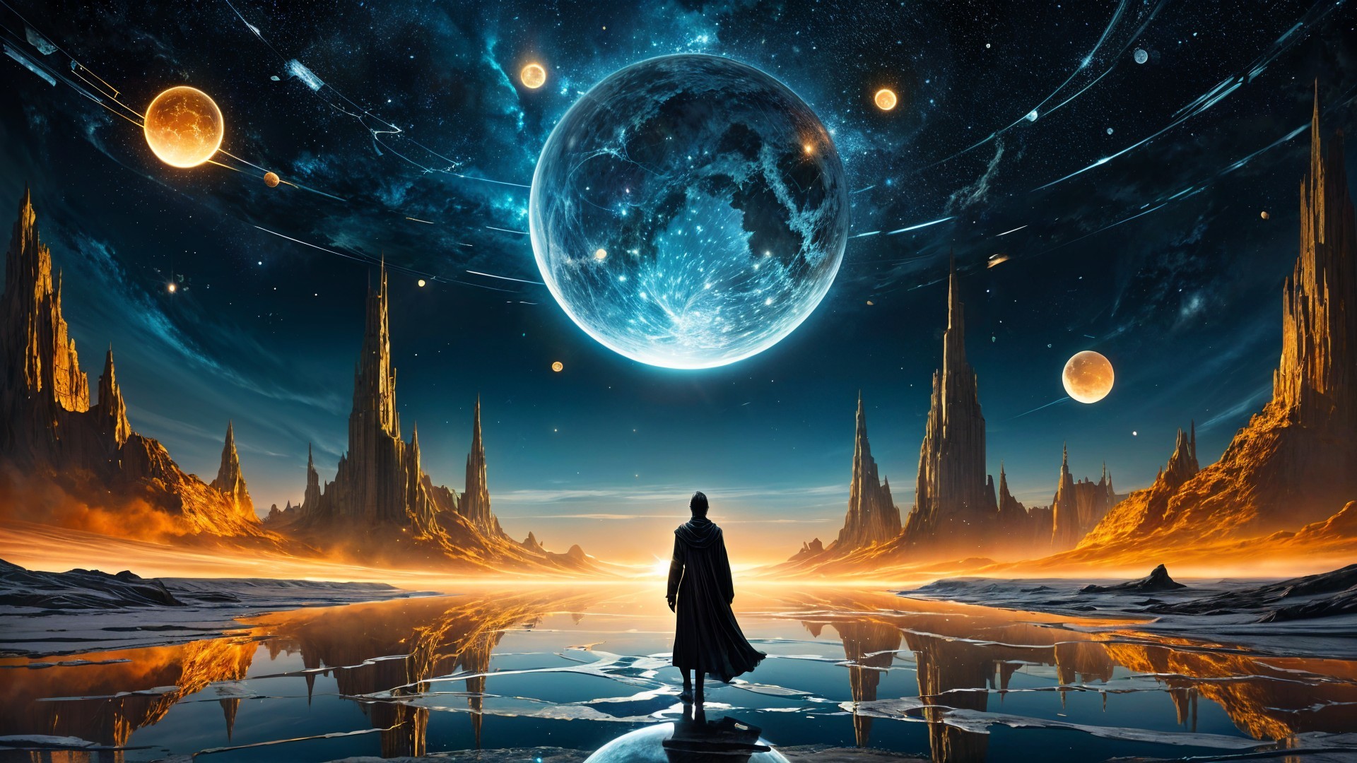 Figure in Cloak on Reflective Surface Under Cosmic Sky