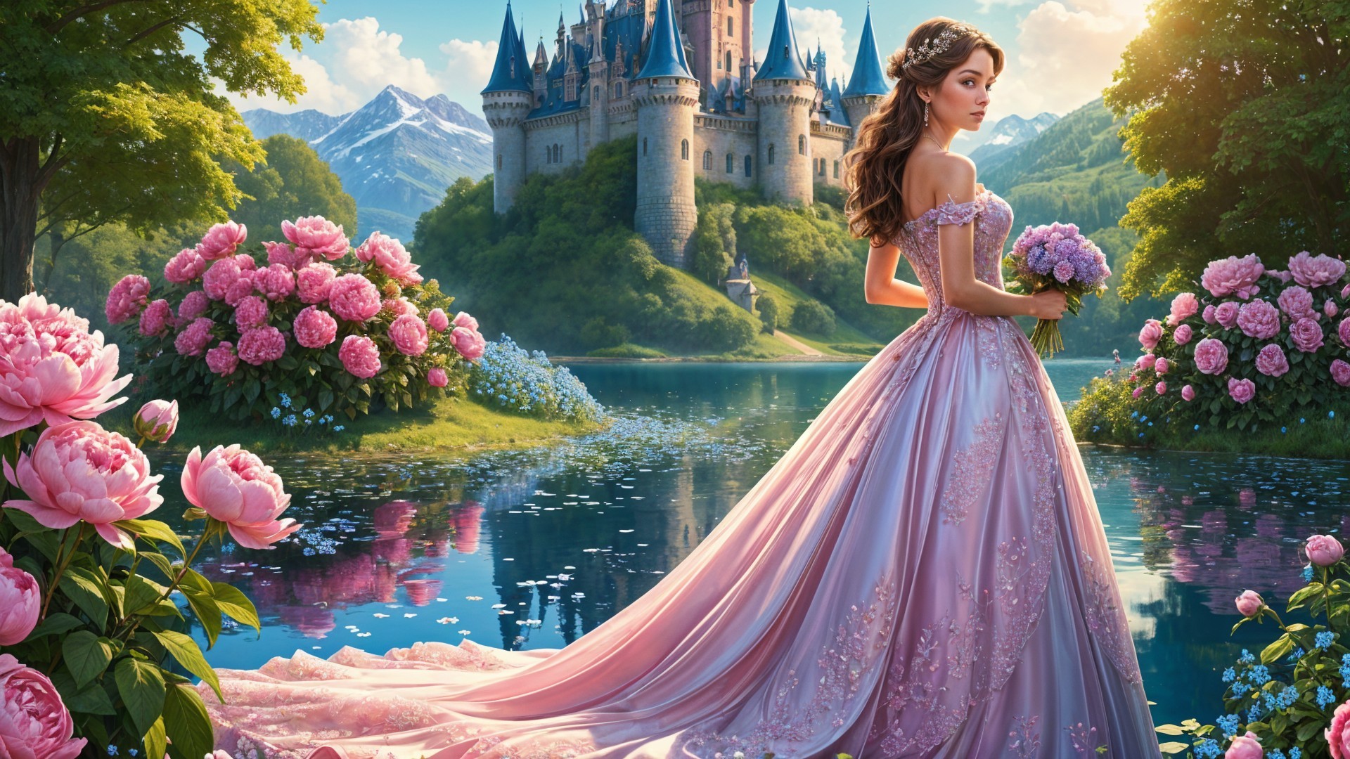 Young woman in pink gown by serene lake and castle
