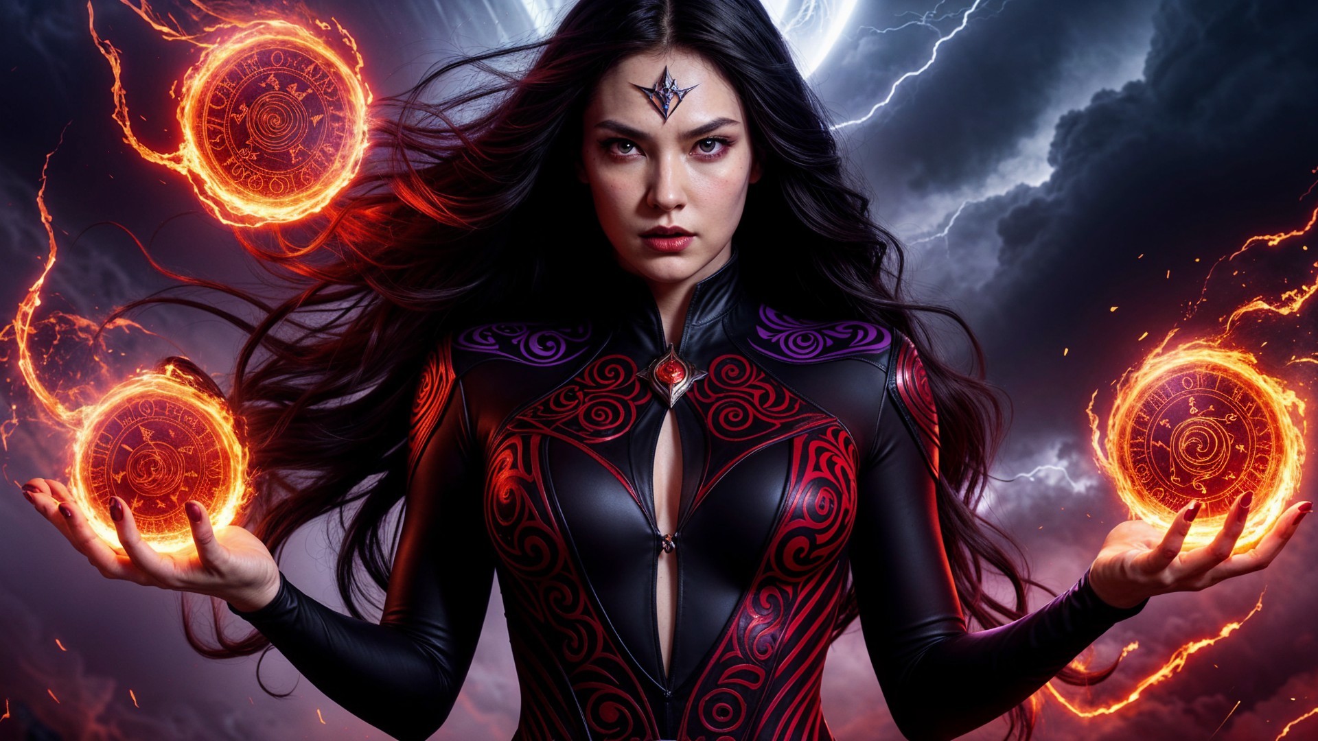 Sorceress in Black and Red Outfit with Magic Orbs