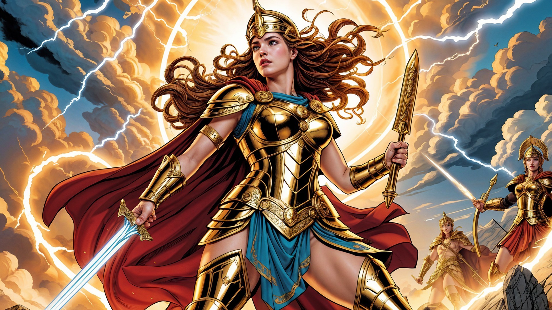 Warrior in Golden Armor with Sword and Spear