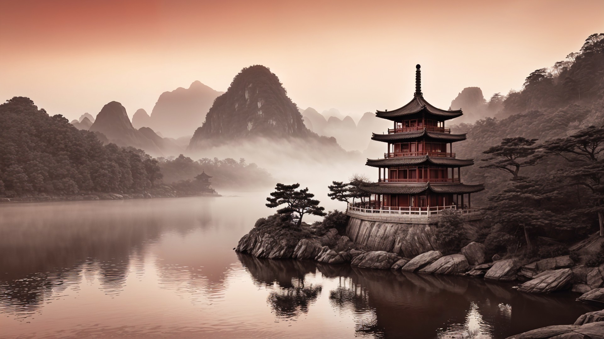 Tranquil Pagoda by Misty Mountains and Still Lake