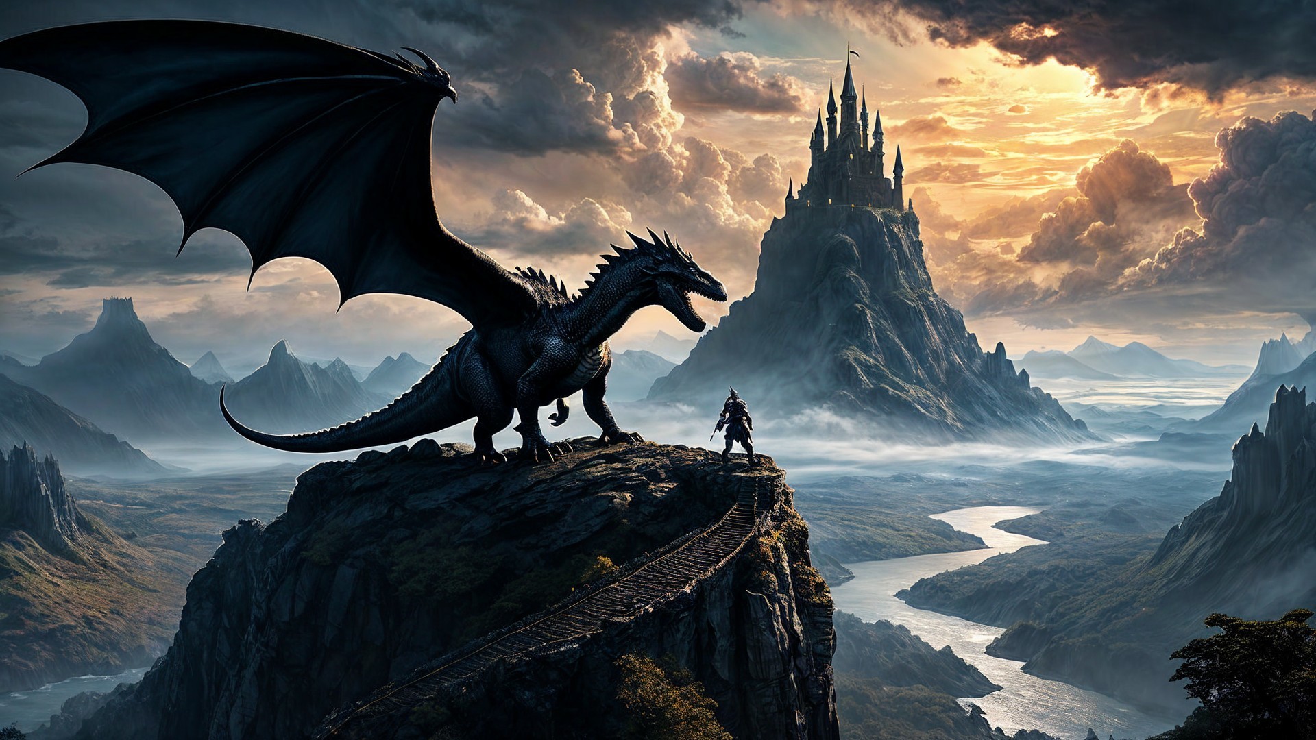 Majestic dragon atop rocky outcrop with castle backdrop