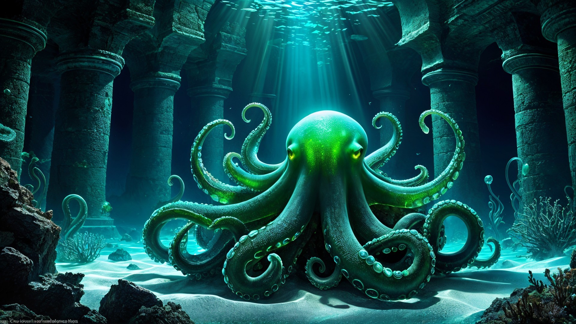 Vibrant Underwater Scene with Ancient Ruins and Octopus