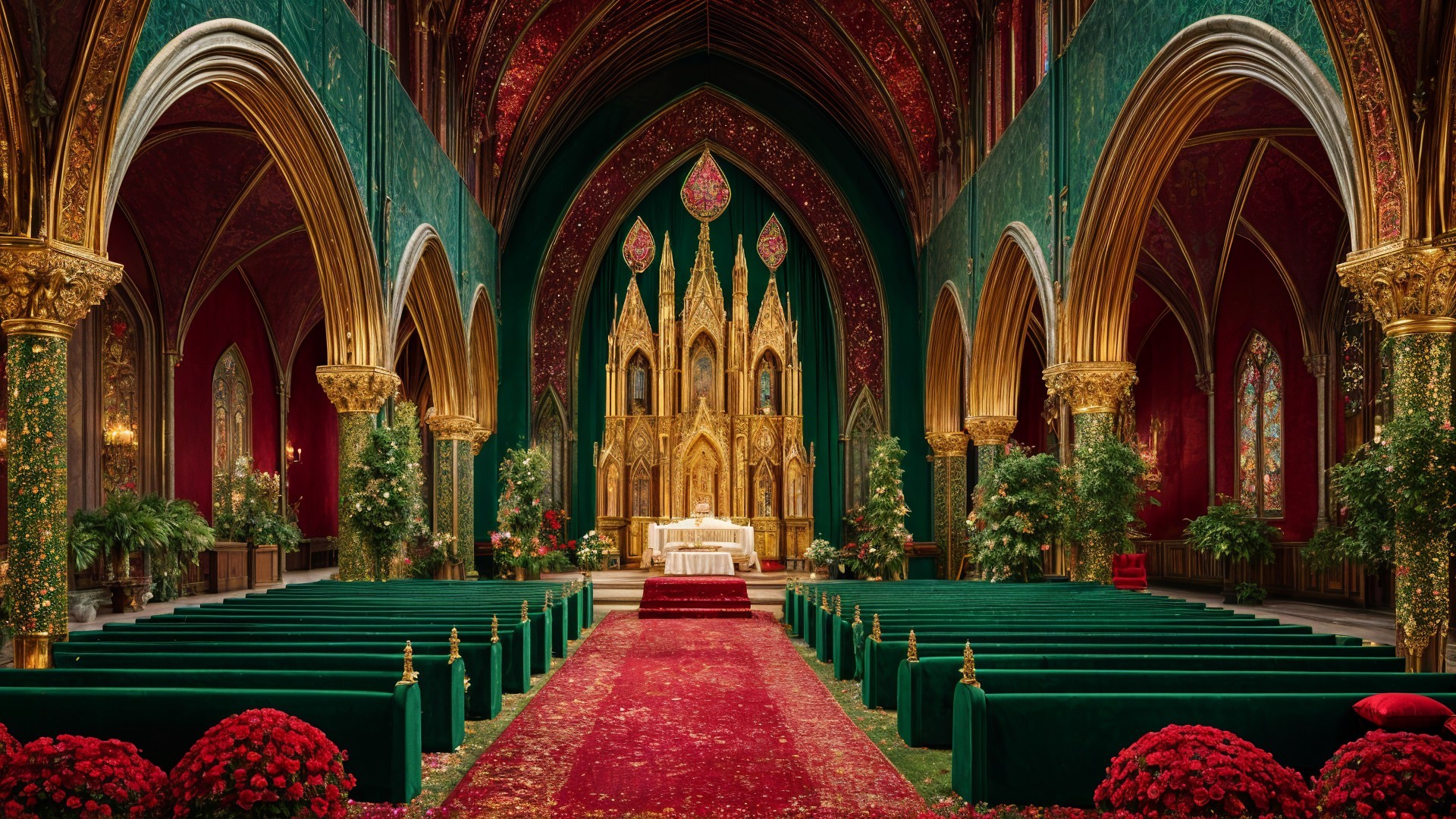 Ornate Chapel Interior with Green Walls and Golden Accents