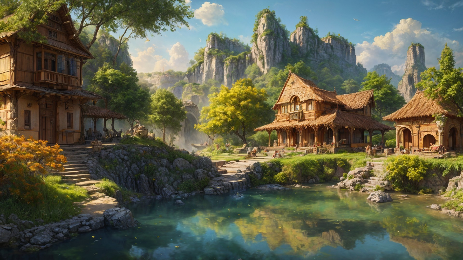 Charming Wooden Houses by a Serene Pond Landscape