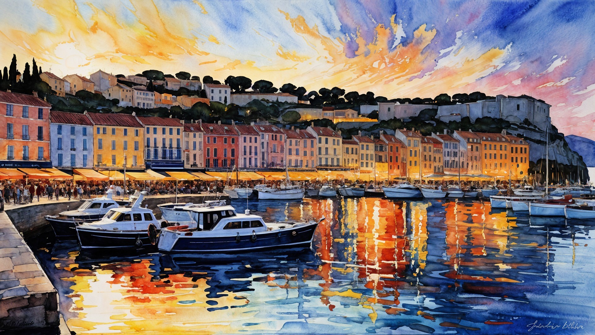 Vibrant Watercolor of a Dusk Harbor Scene