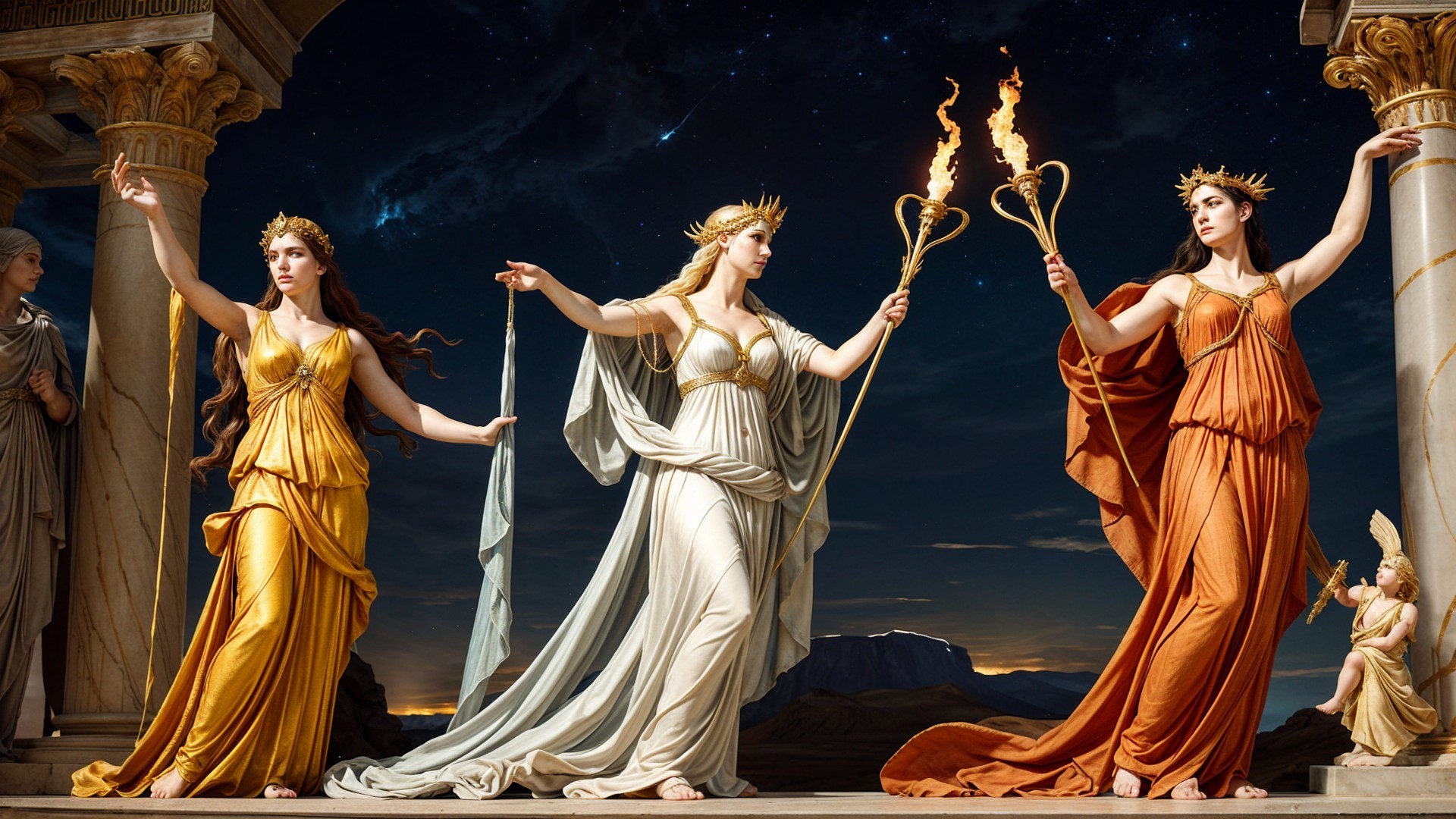 Three Female Figures in Ancient Robes with Torches