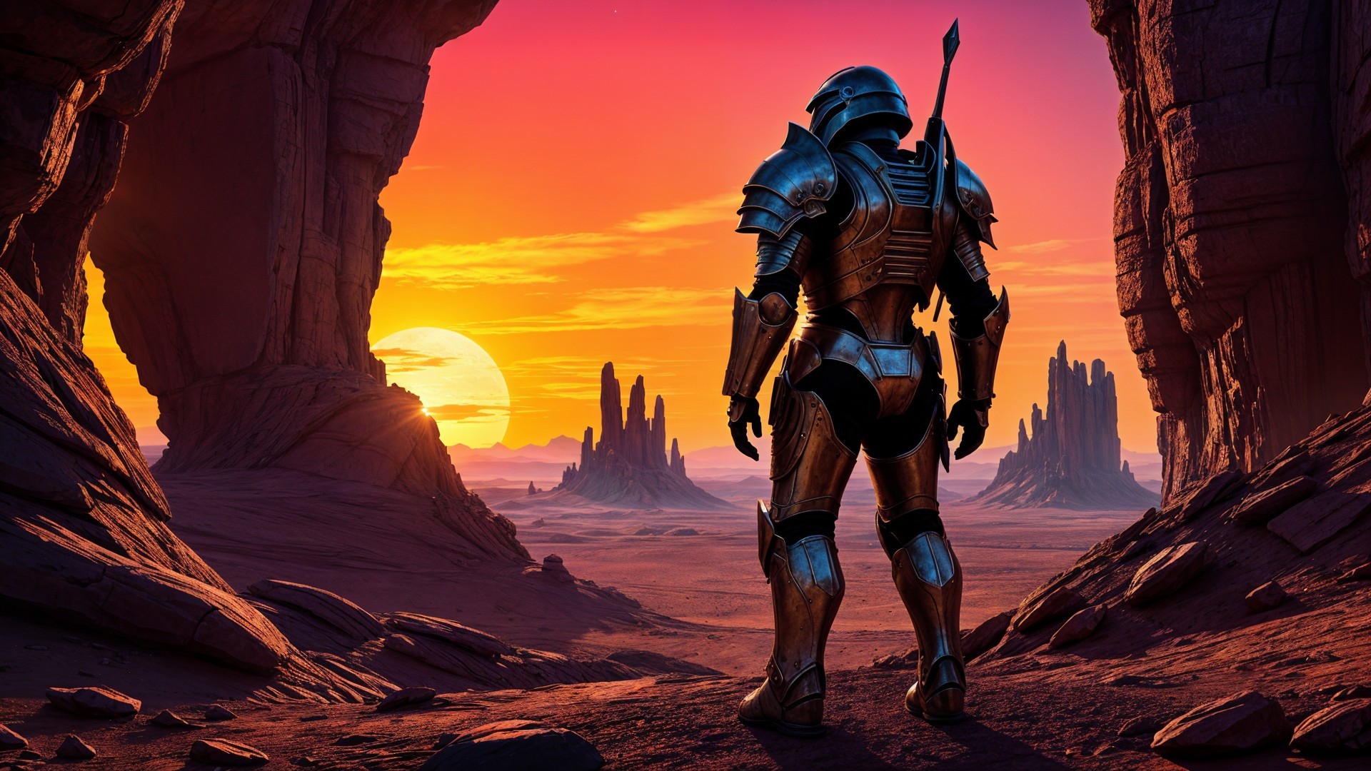 Futuristic Armor Figure Overlooking Vibrant Sunset Canyon