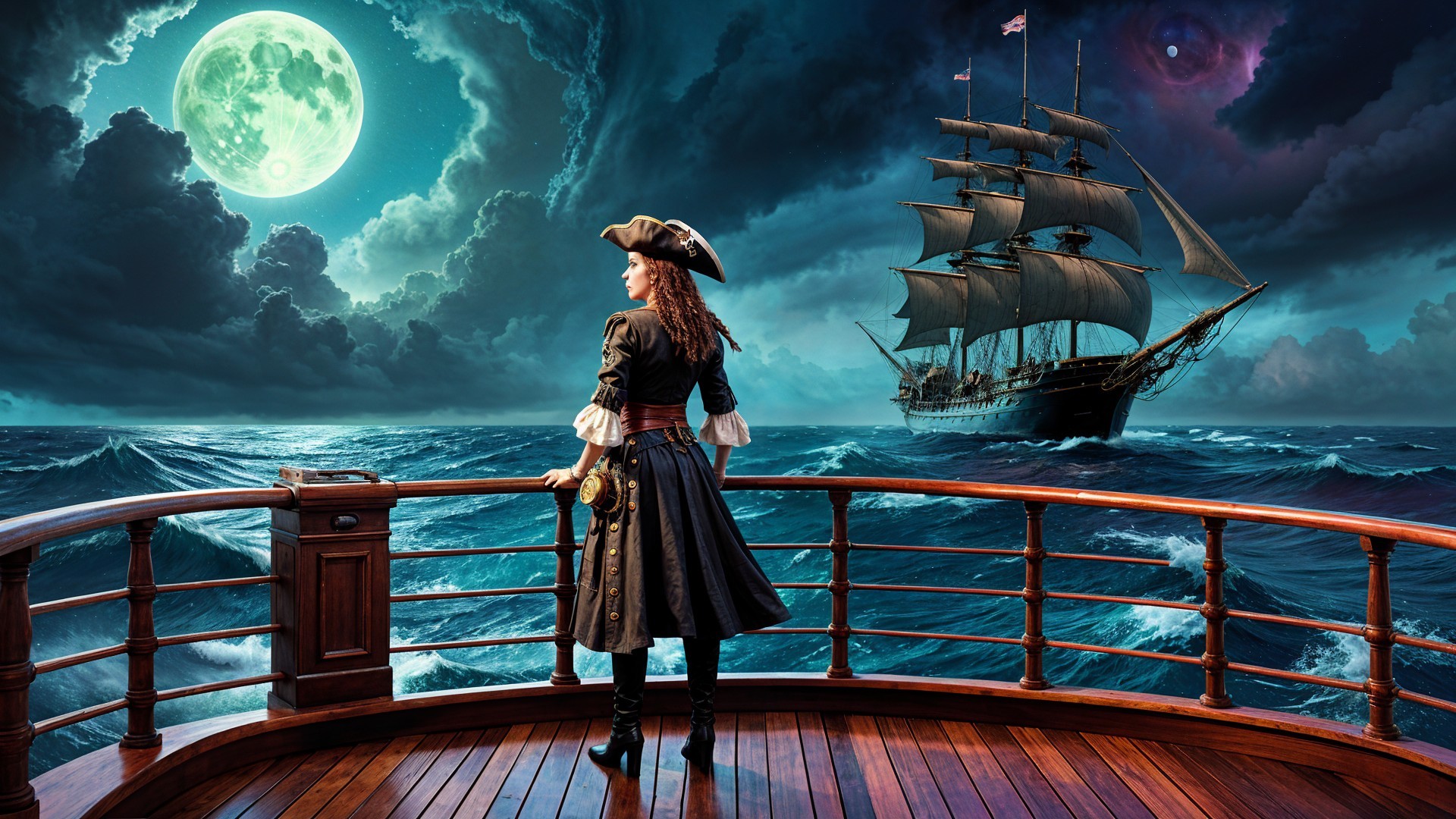 Fierce Pirate on Ship Against Stormy Night Sky