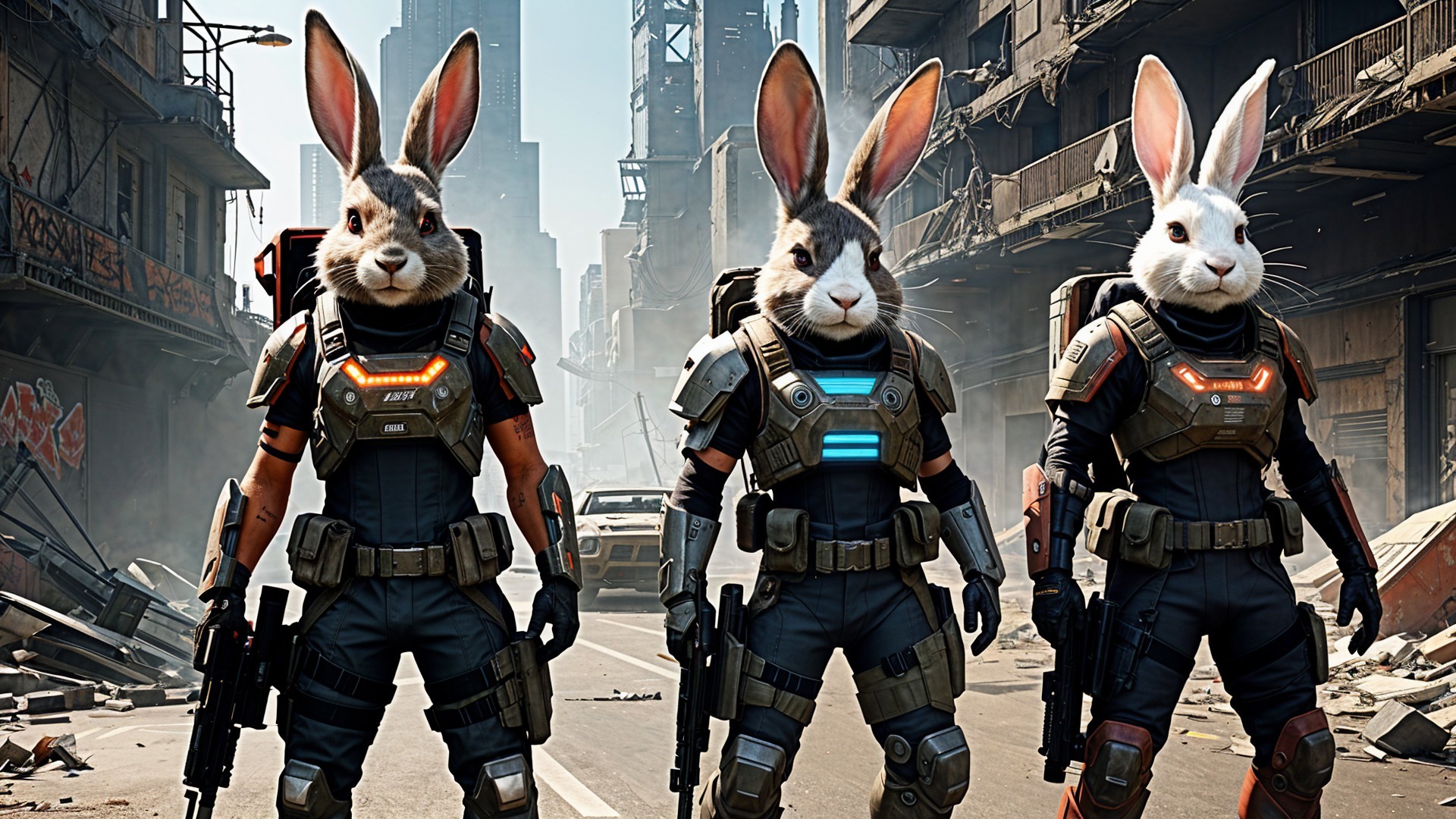 Anthropomorphic rabbits in tactical gear in a cityscape