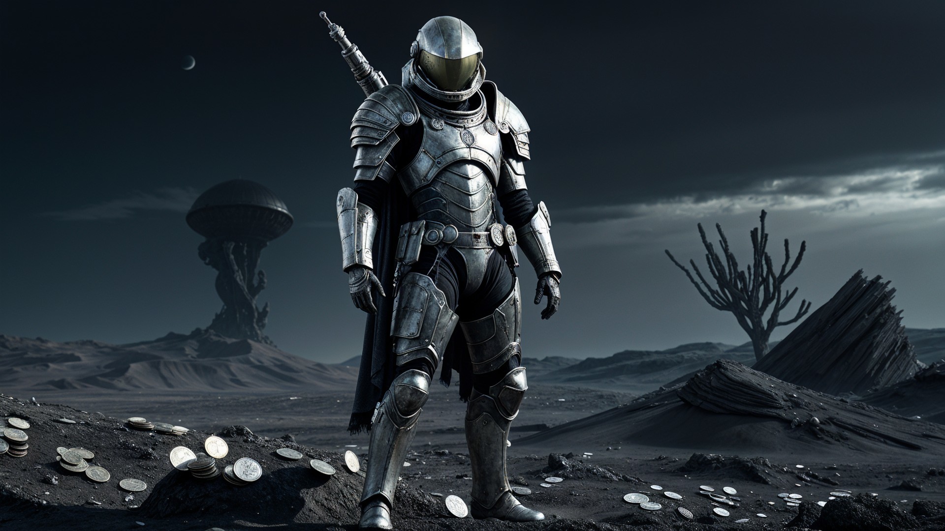 Futuristic Warrior in Desolate Landscape with Coins