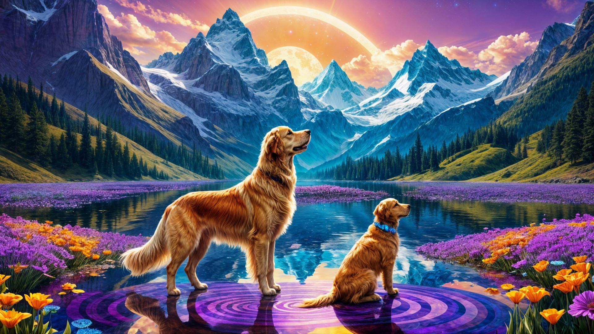 Golden Retrievers by a Tranquil Lake at Sunset