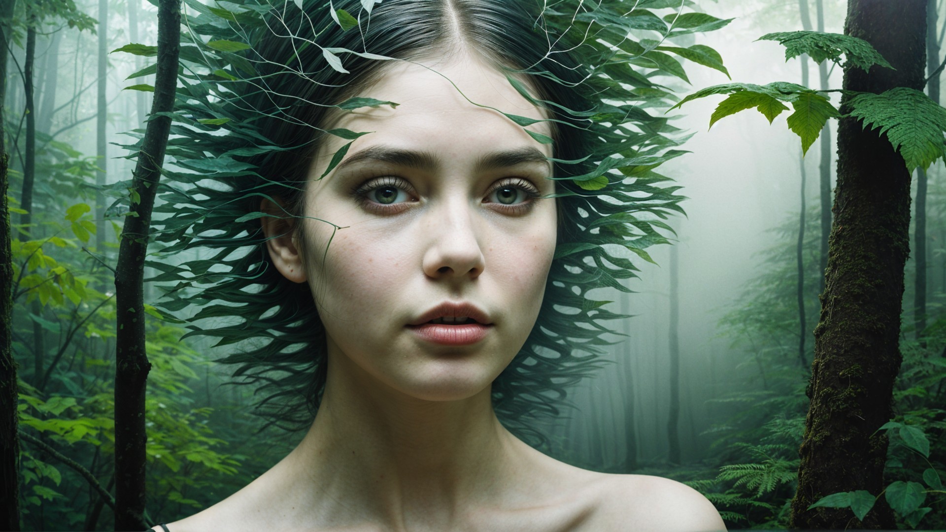 Young woman in mystical forest with nature elements