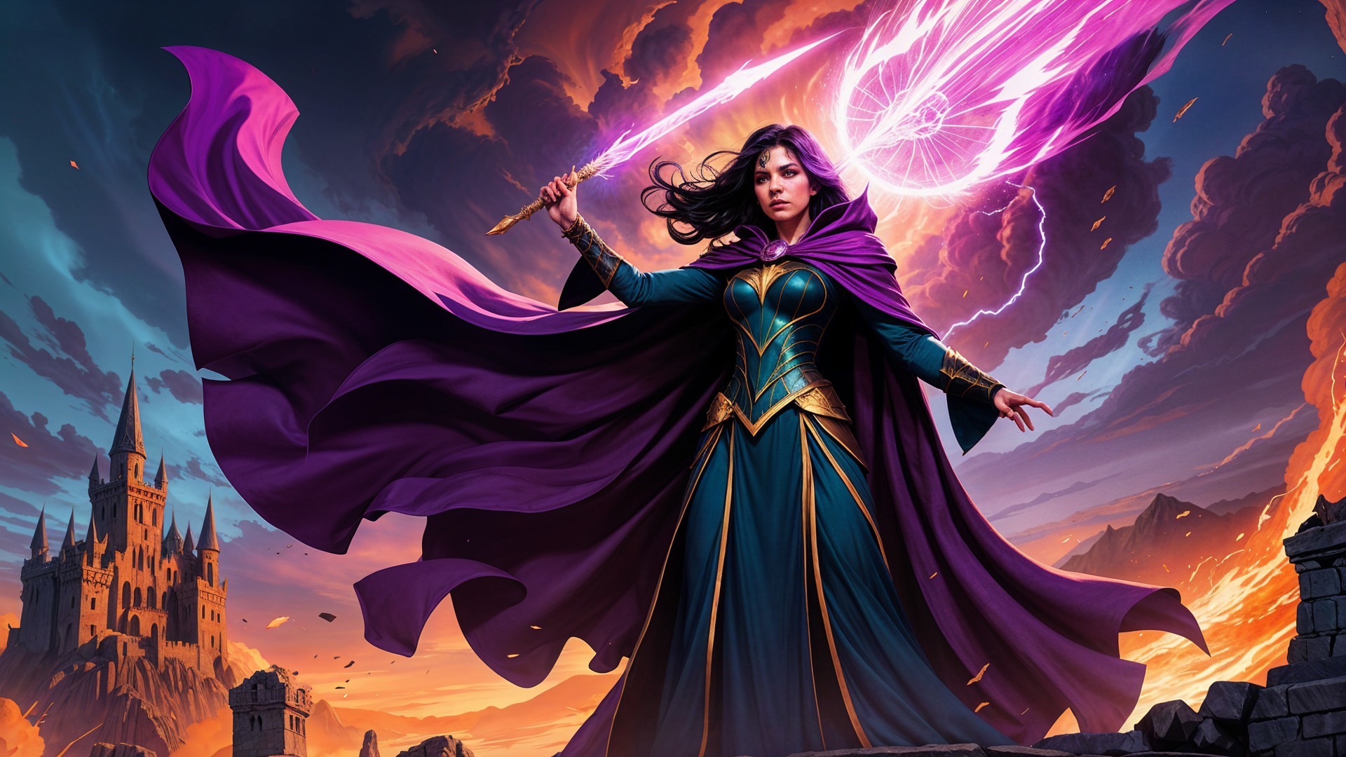 Sorceress with Magical Staff and Majestic Castle Backdrop