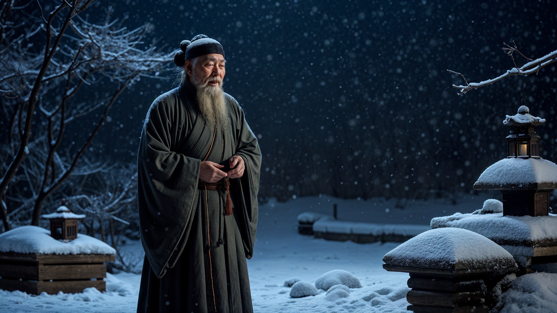 Elderly man in serene snow-covered landscape