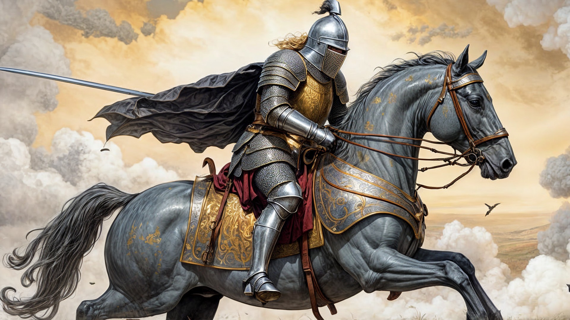 Knight in Armor on Gray Horse Against Dramatic Sky