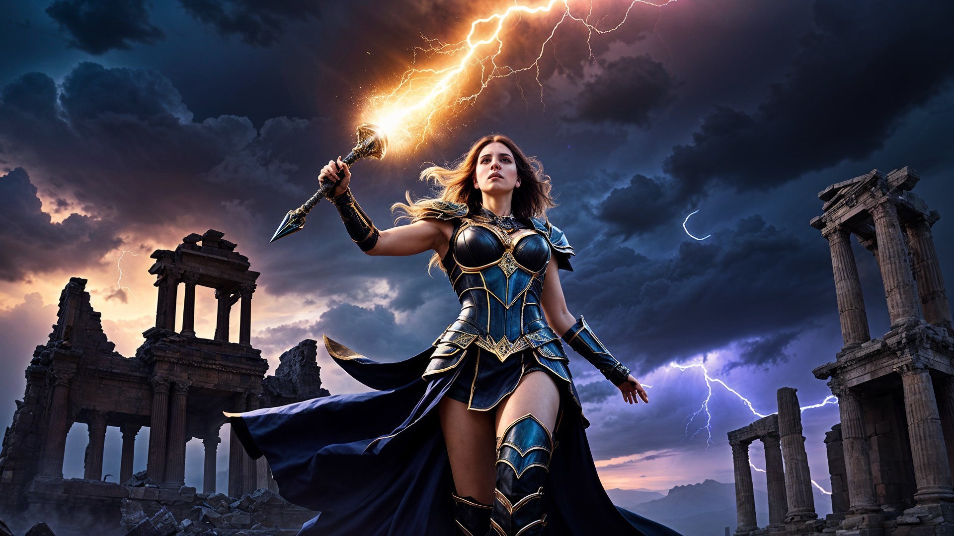 Warrior in Armor with Glowing Staff in Ruins