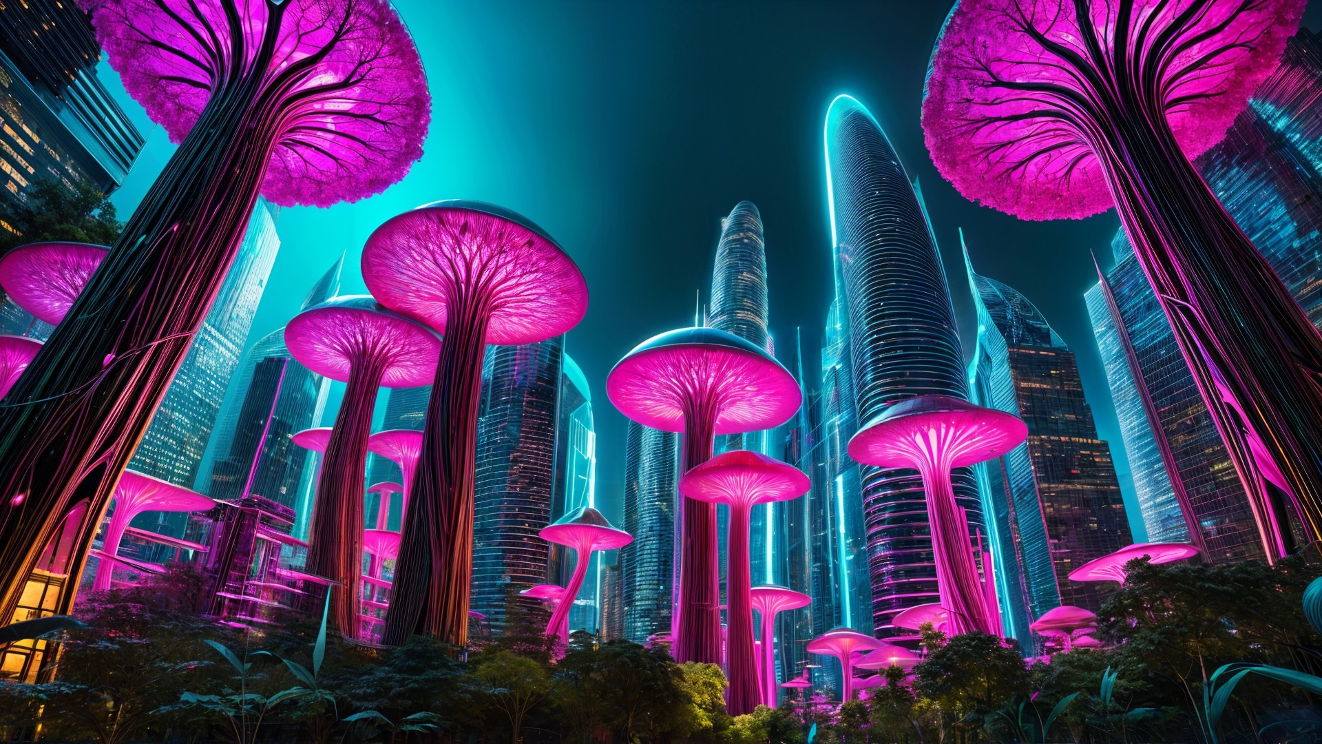 Futuristic cityscape with neon skyscrapers and mushrooms