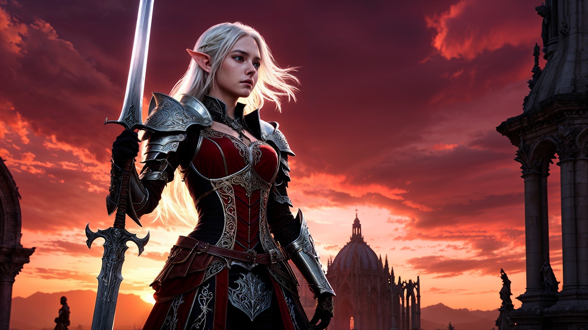 Elven Warrior in Dark Armor at Sunset with Sword