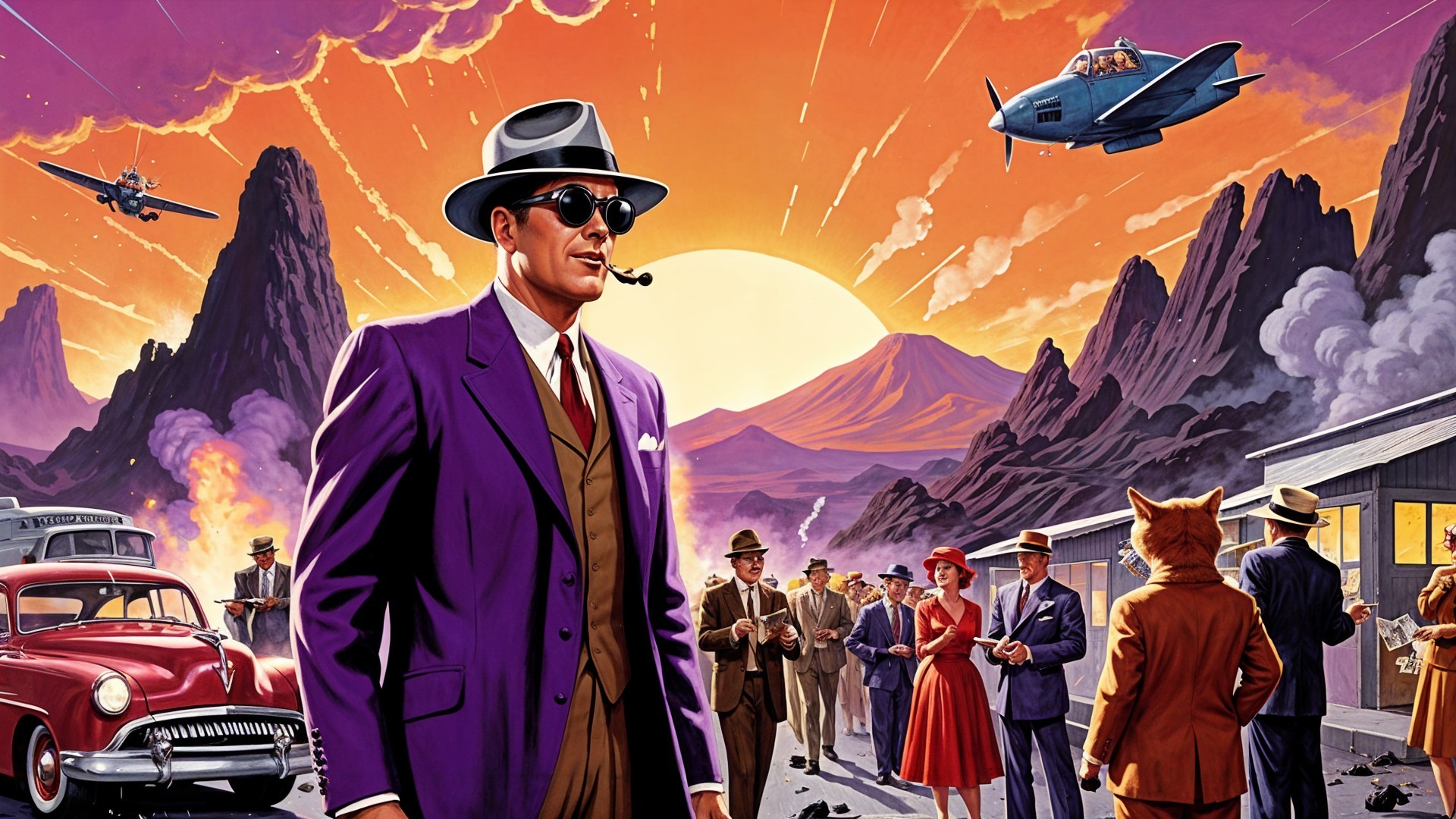 Retro Scene with Dapper Man and Vintage Airplanes
