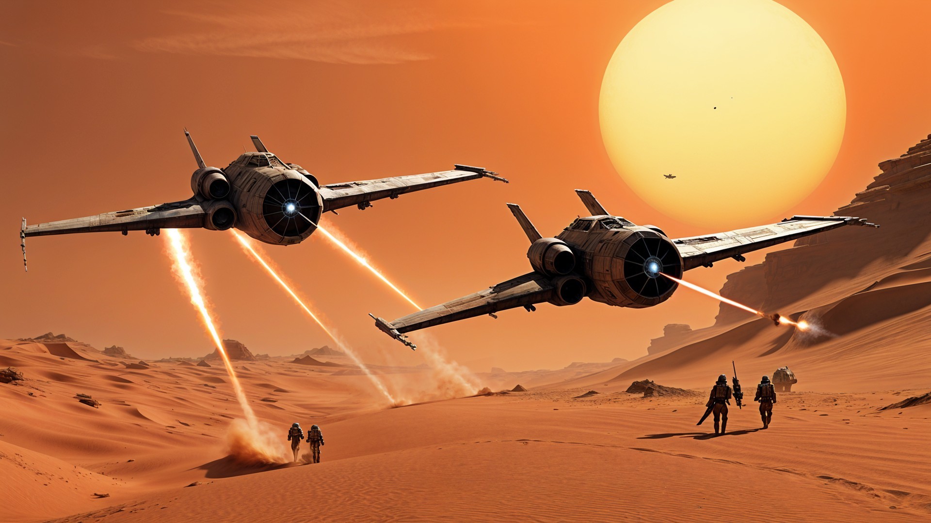 Futuristic spacecraft over orange desert landscape