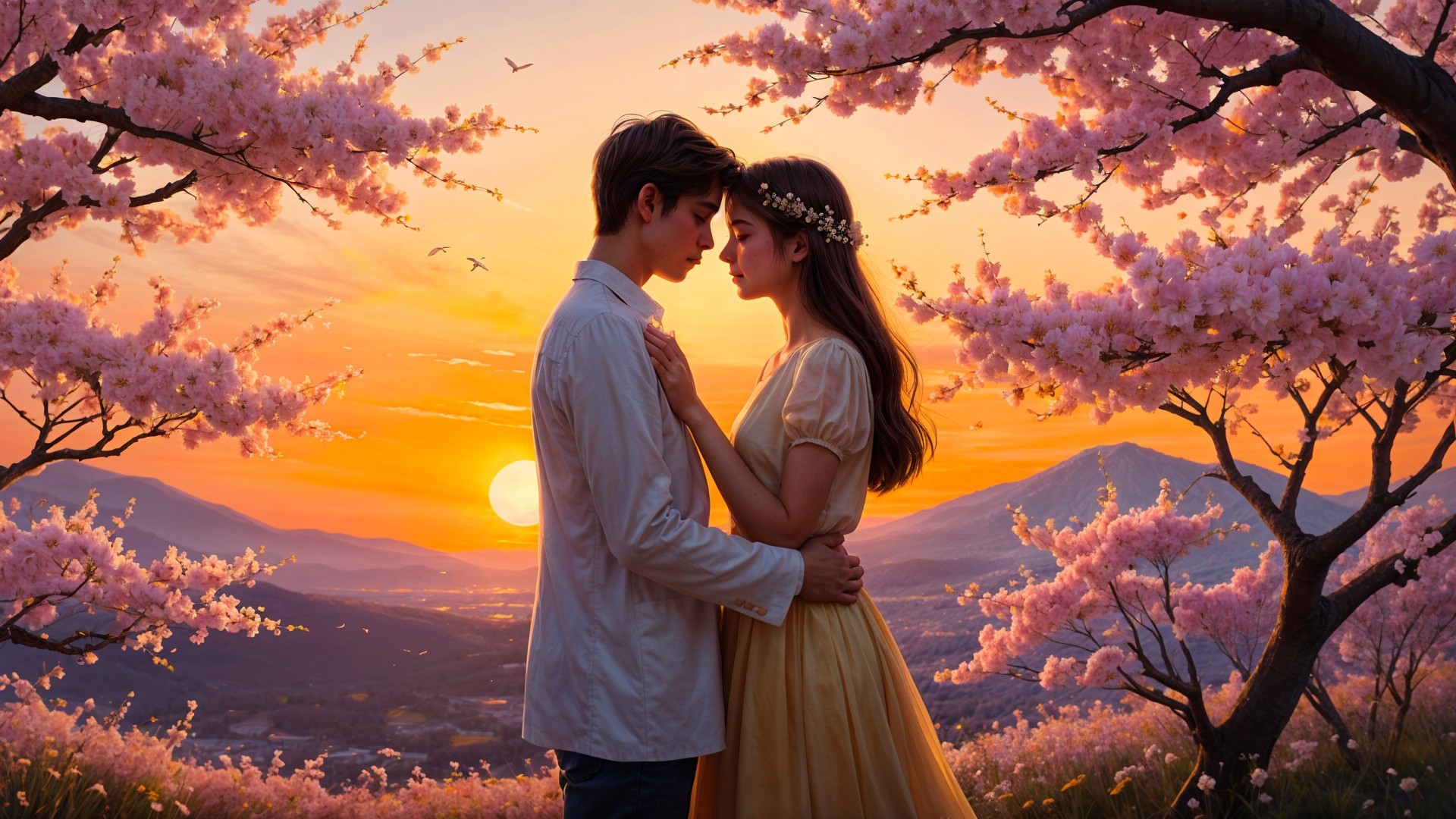 Romantic Sunset Under Cherry Blossoms with Couple