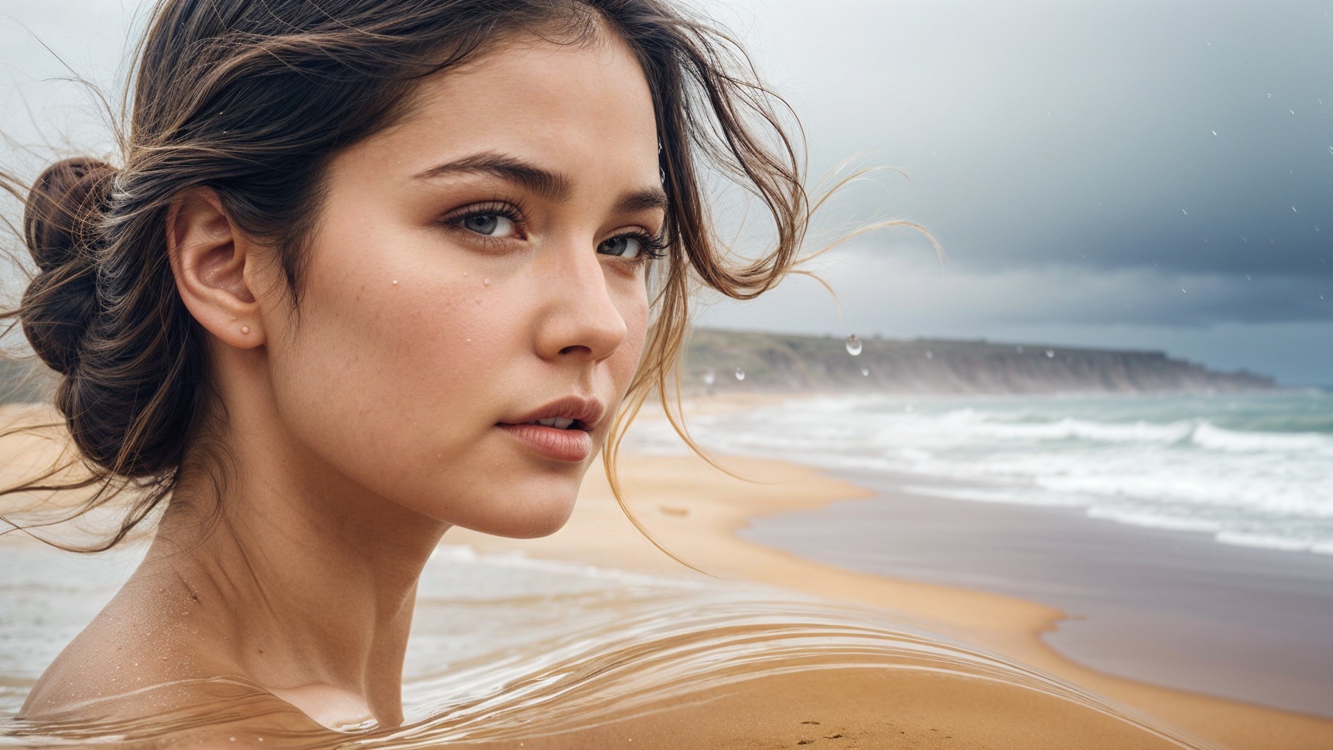 Close-up Portrait of Woman at Dramatic Beach Scene