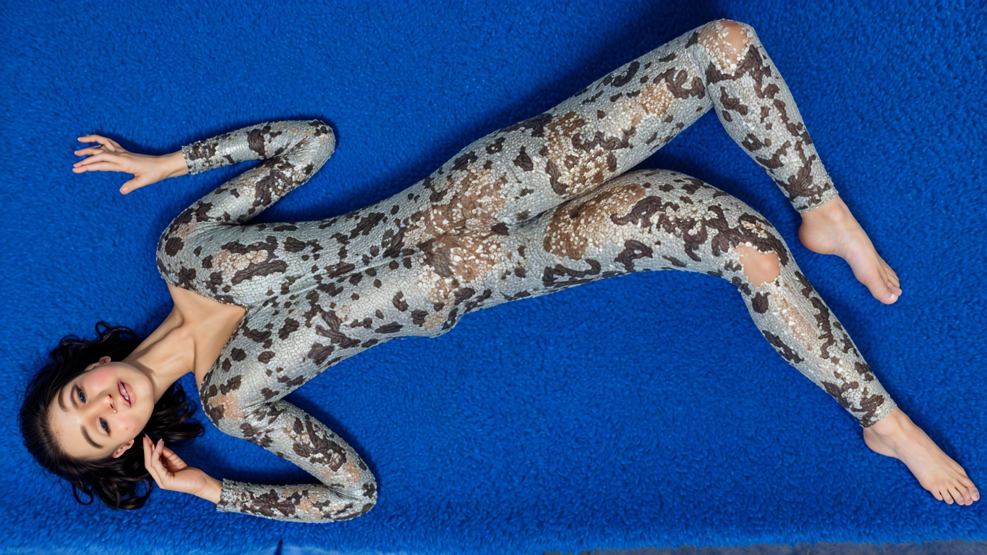 Model in Shimmering Animal Print Bodysuit on Blue Background