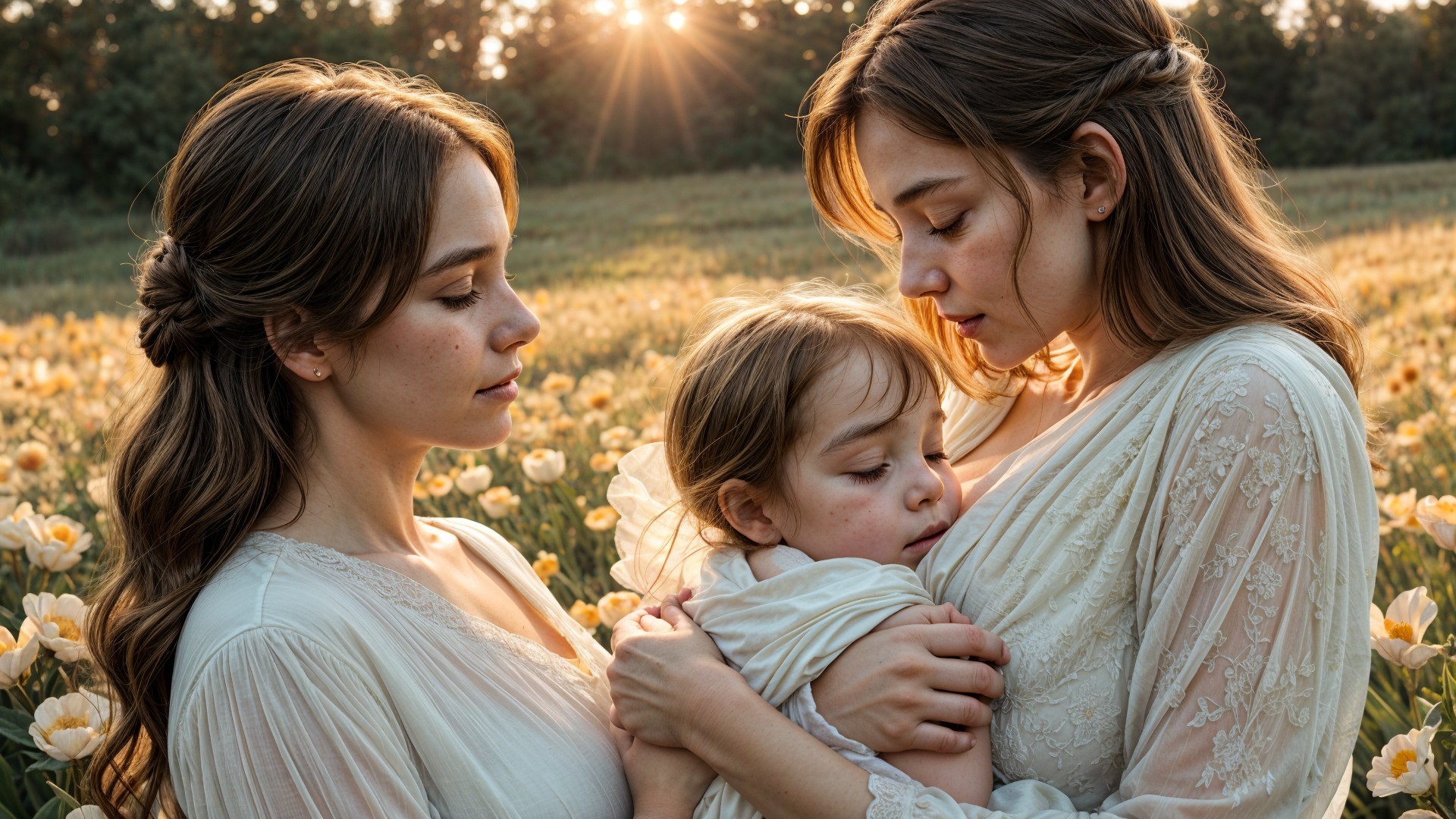 Tender Moment in a Flower-Adorned Field
