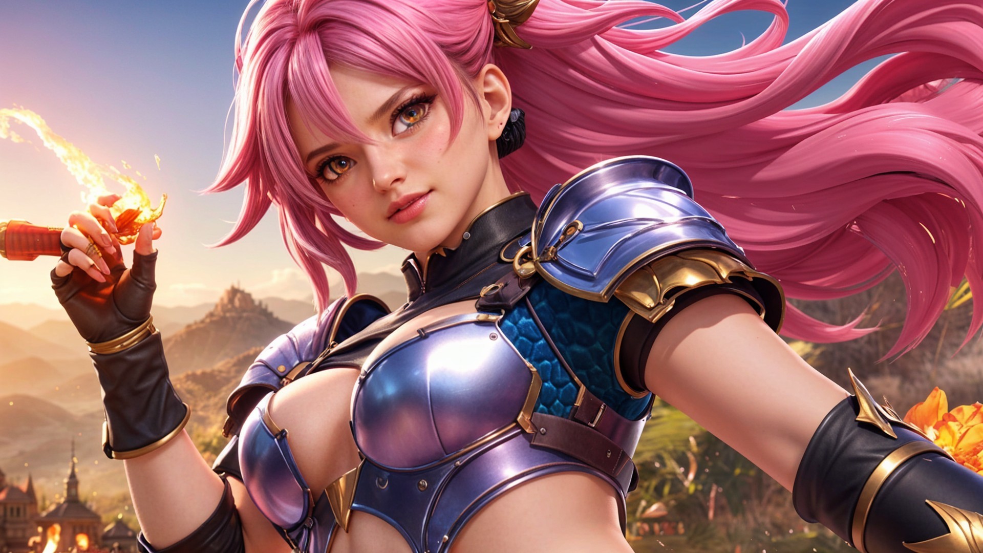 Character with Pink Hair in Vibrant Armor Outfit