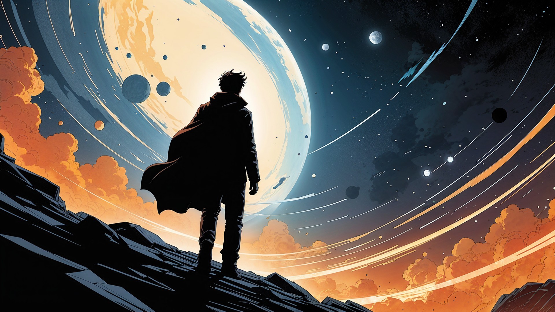 Figure on Rocky Outcrop Under Starry Sky and Planet