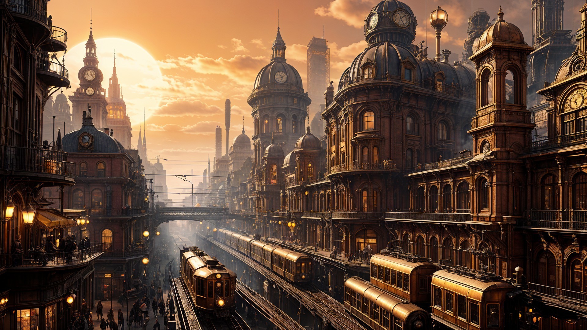 Steampunk Cityscape at Sunset with Vintage Trains