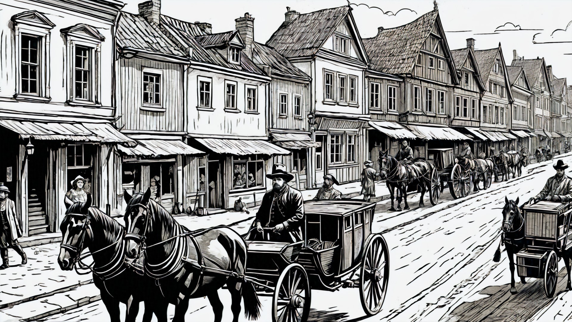 19th-Century Street Scene with Horse-Drawn Carriages