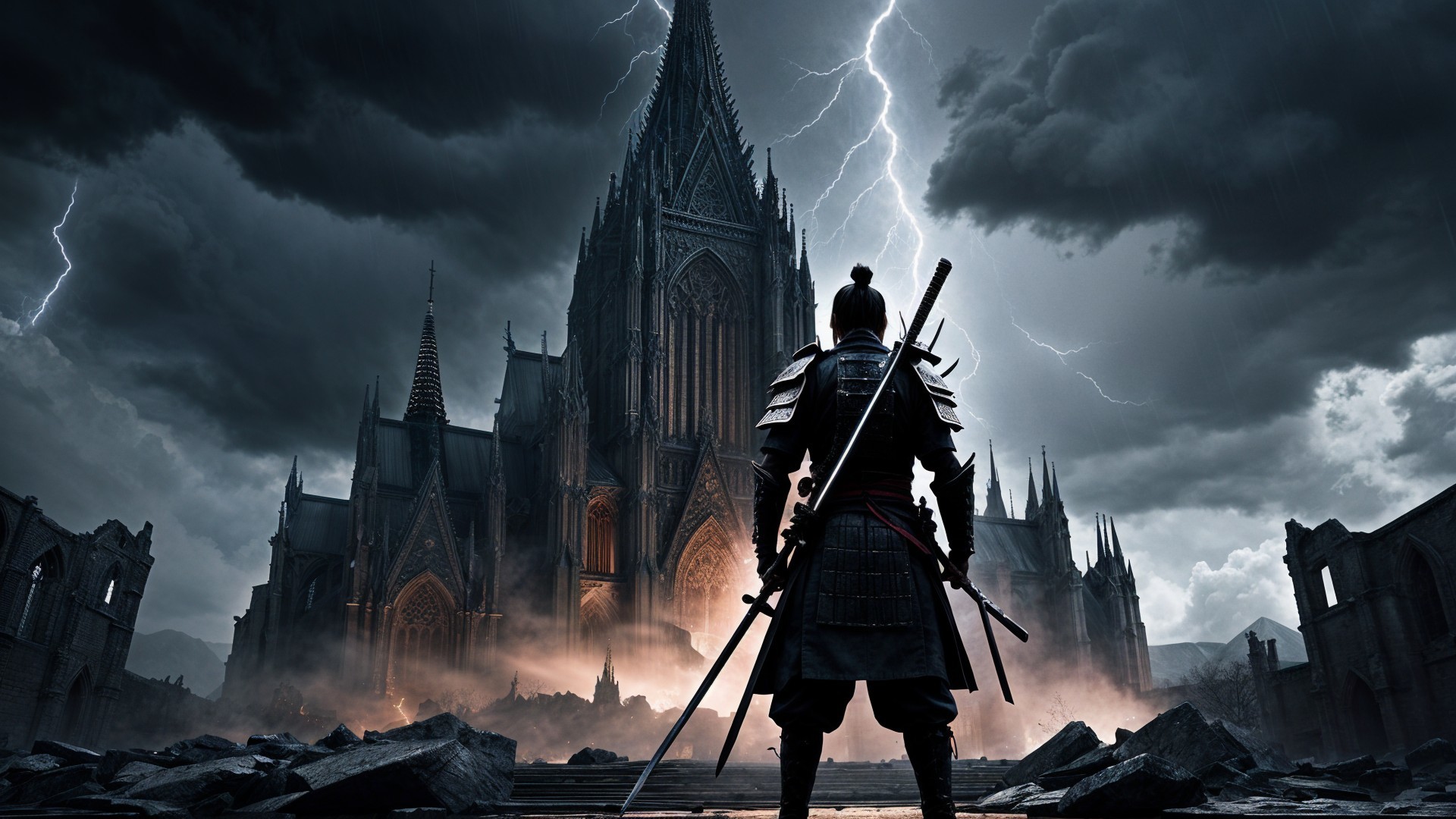Lone Warrior Faces Gothic Castle Under Stormy Sky