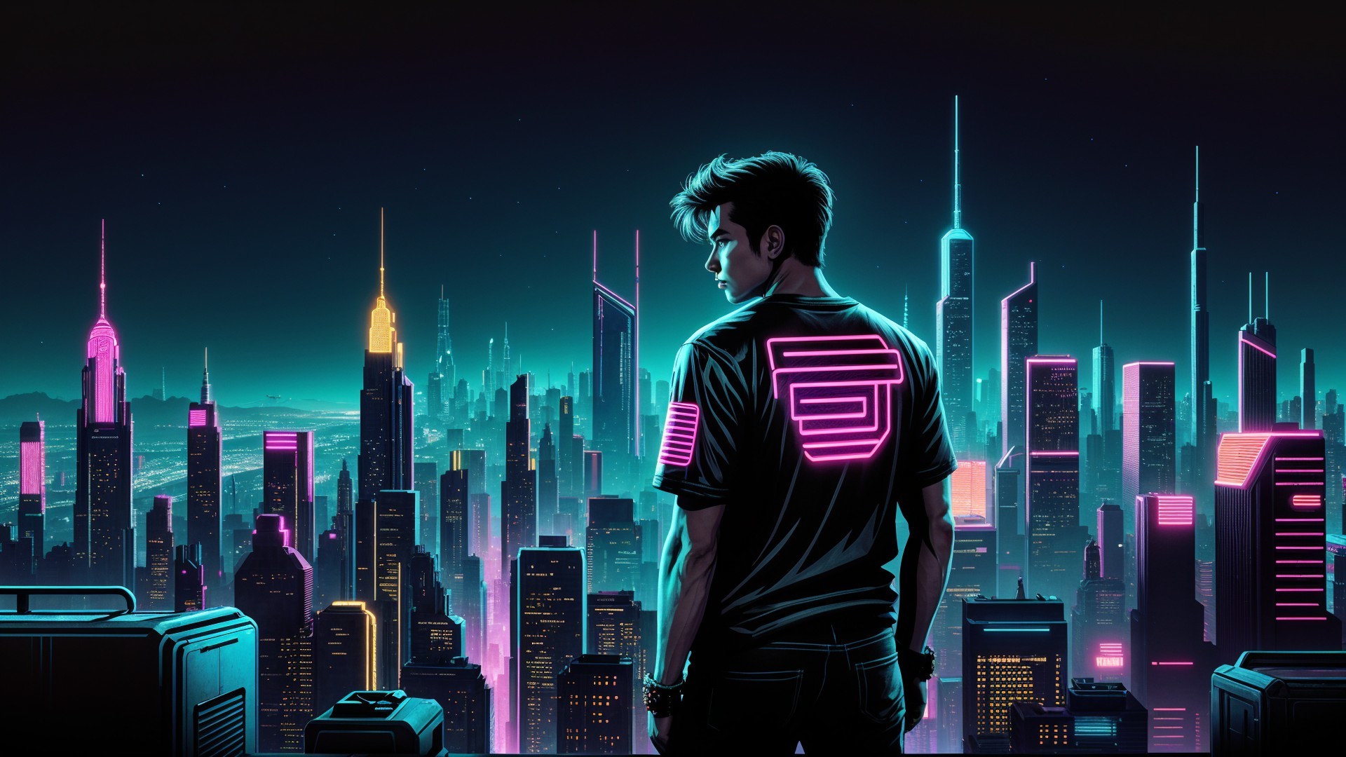 Rooftop View of Neon-Lit Cityscape at Night