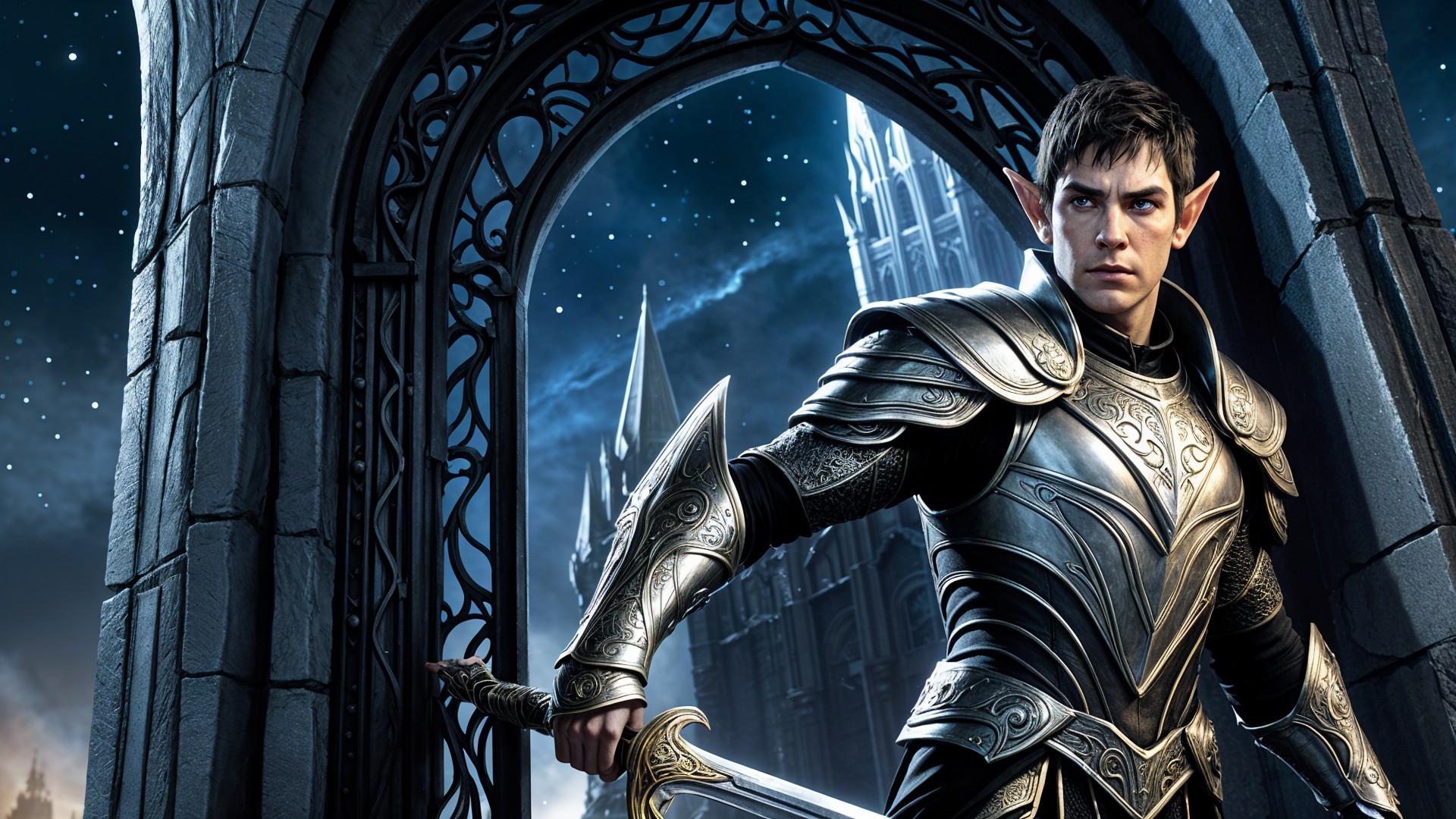 Elf Warrior in Silver Armor at Gothic Archway