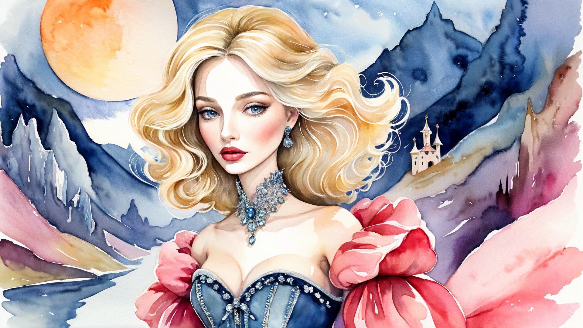 Regal Woman in Watercolor with Dreamy Landscape