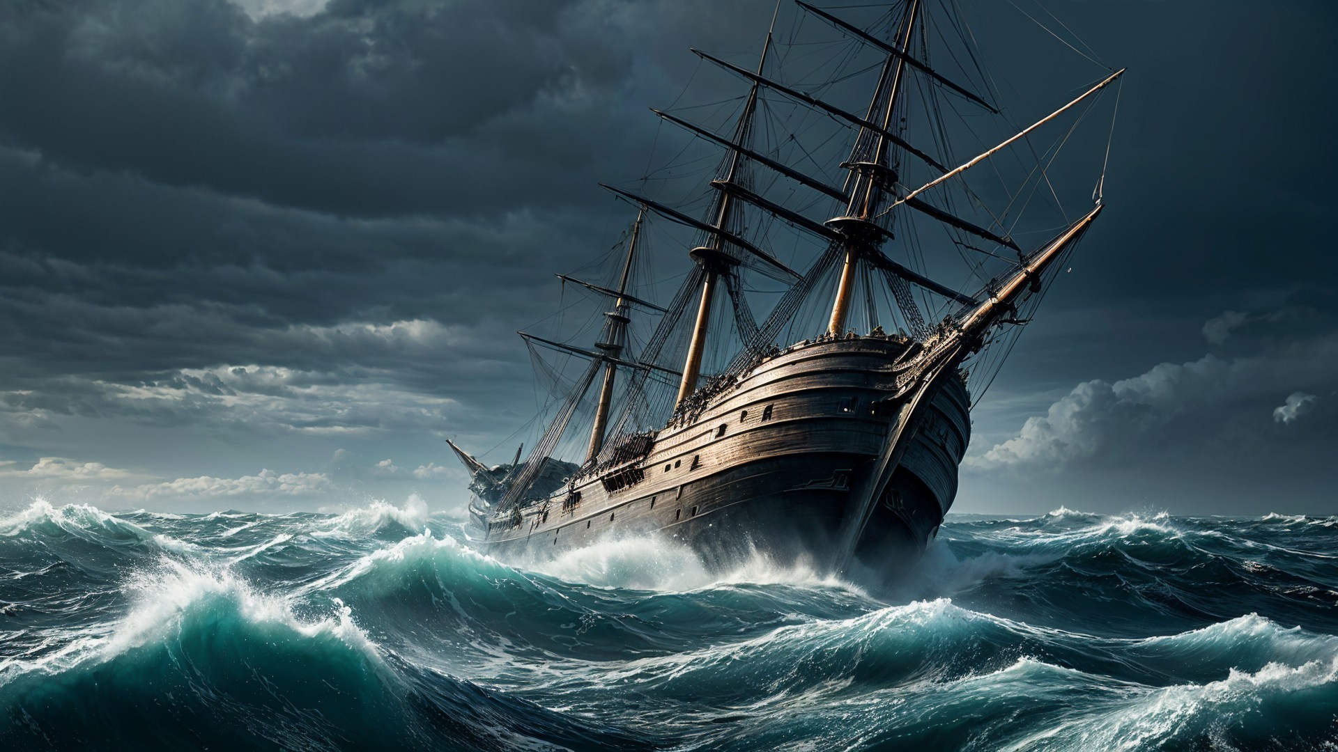 Tall Ship Navigating Stormy Seas and Towering Waves