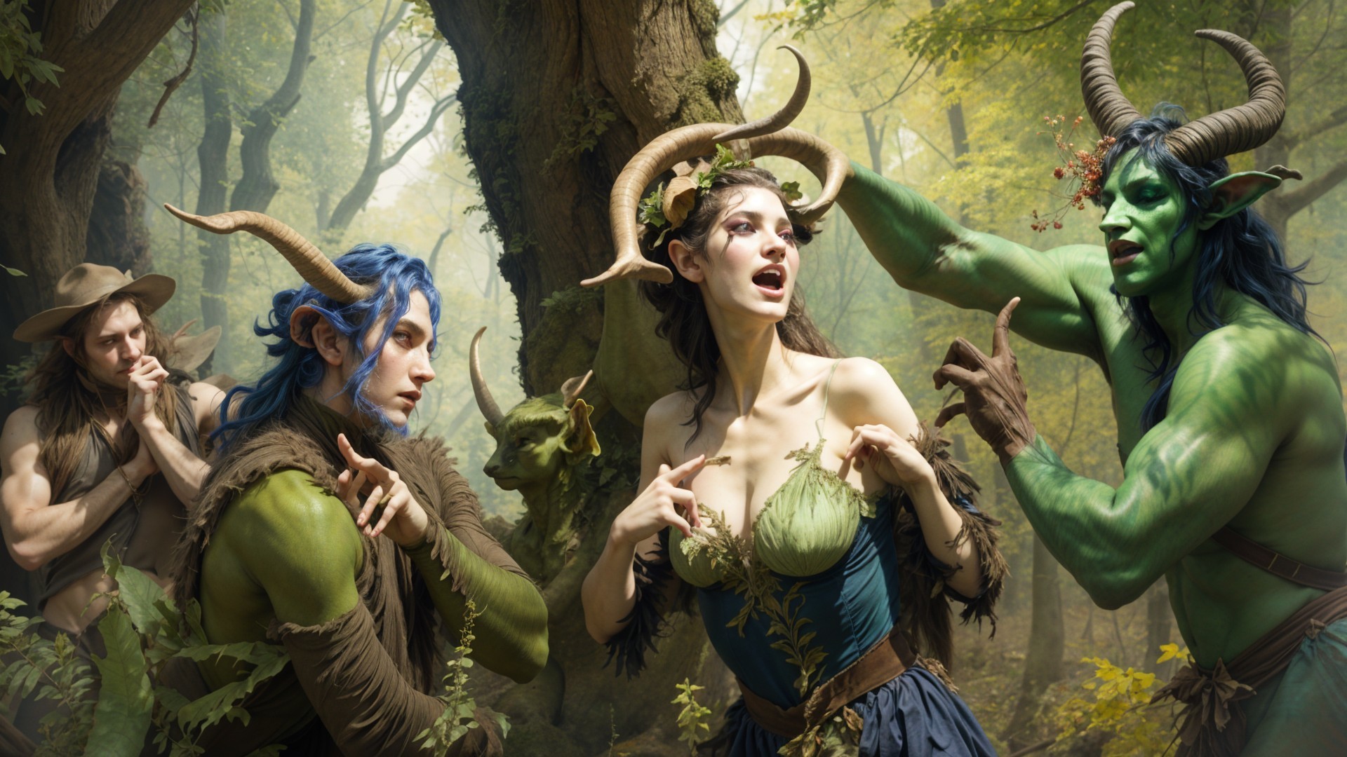 Mystical forest scene with horned figures and woman