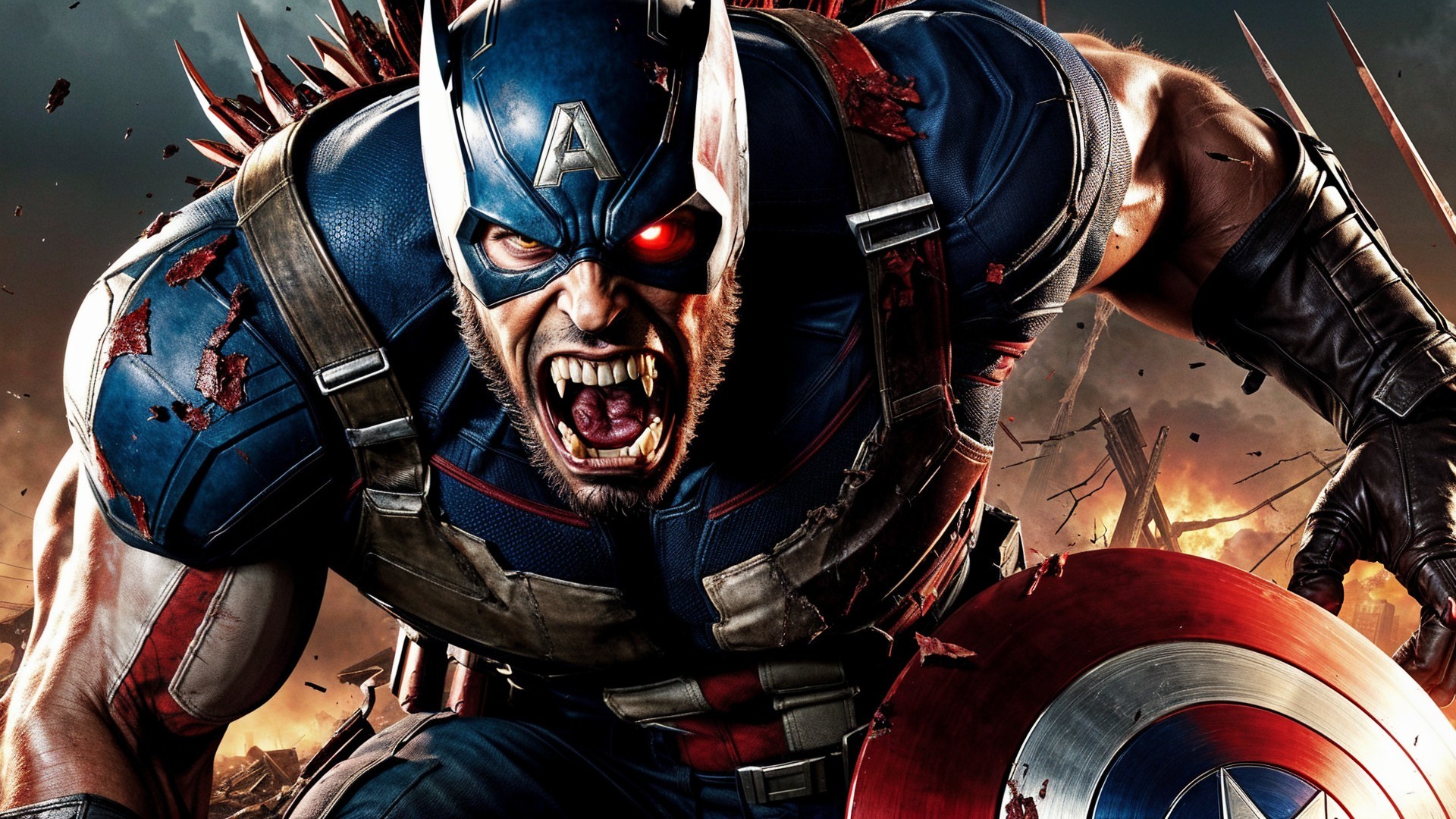 Aggressive superhero in tattered costume with shield