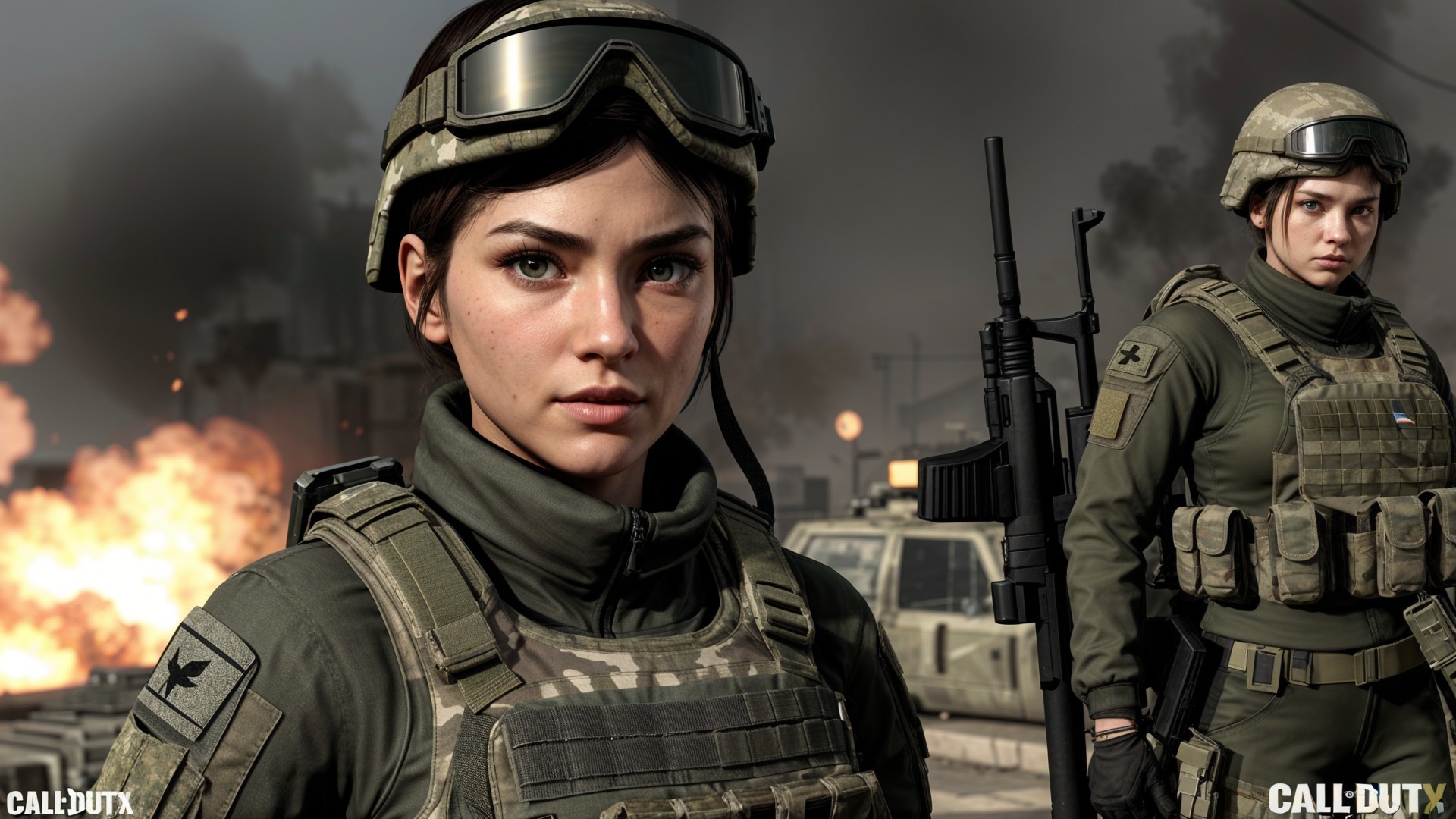 Female Soldiers in Tactical Gear in War-Torn City