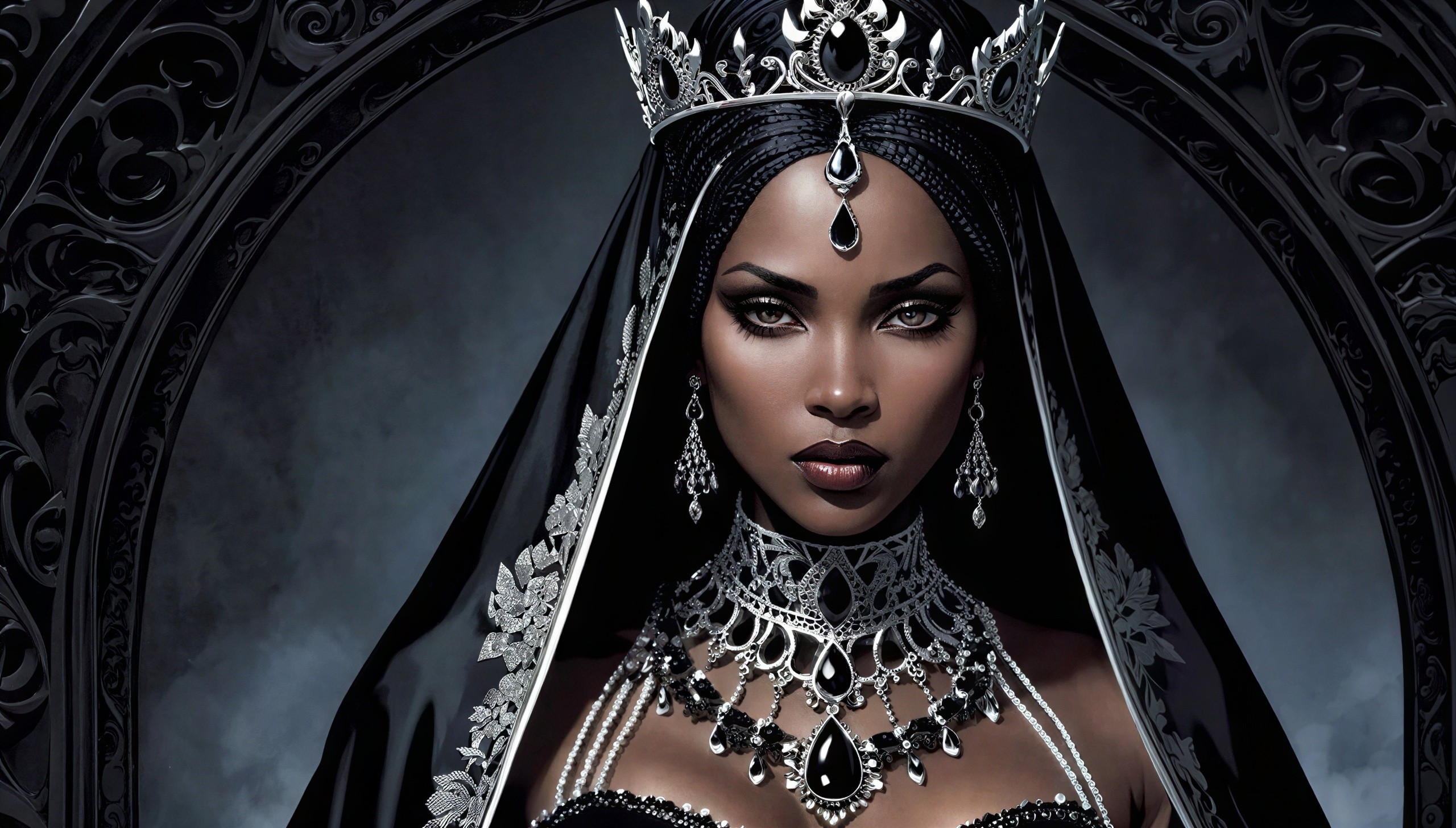 Close-up of a dark-skinned woman in ornate crown and jewelry