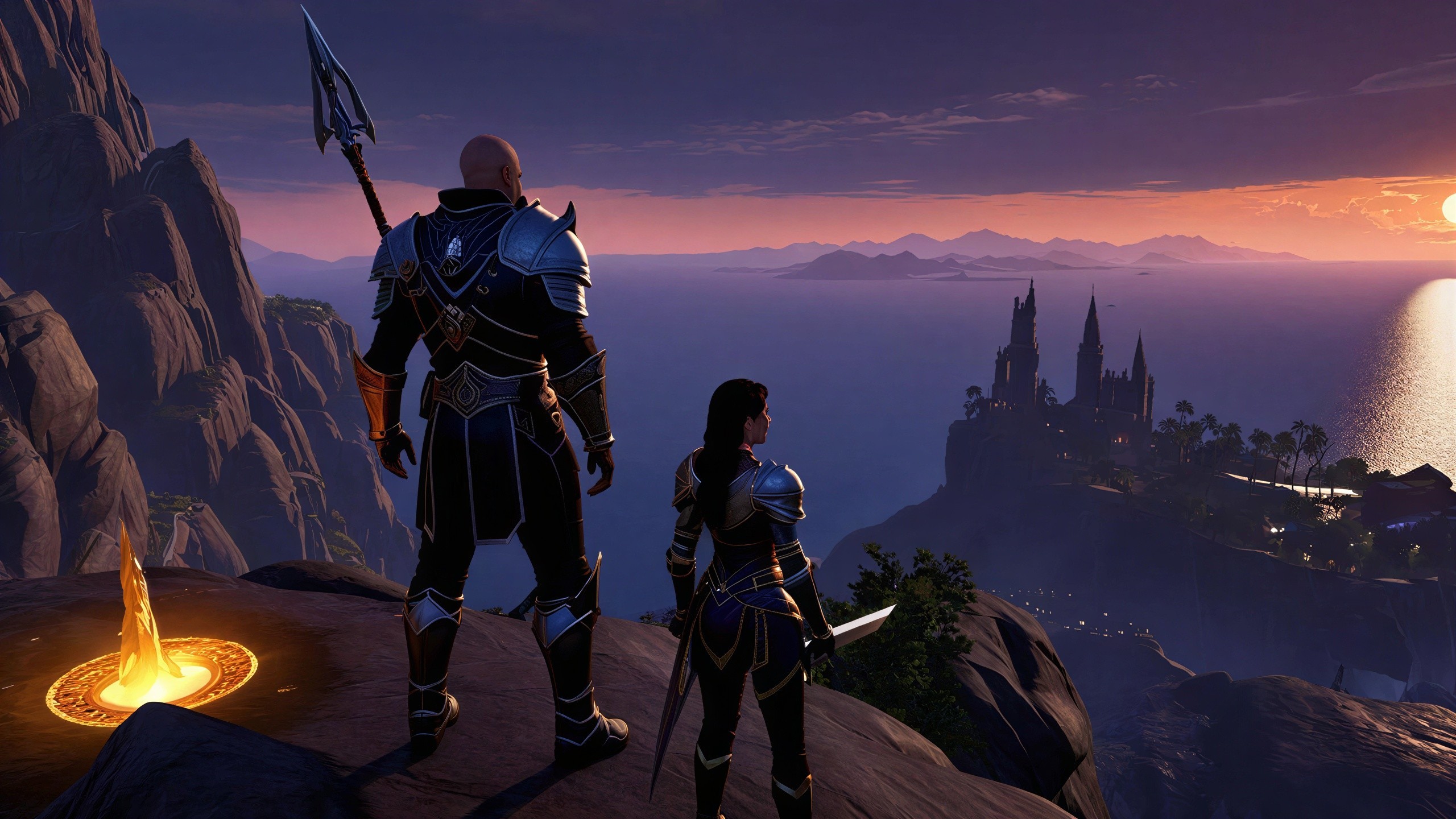 Warriors on Cliff Overlooking Ocean at Sunset