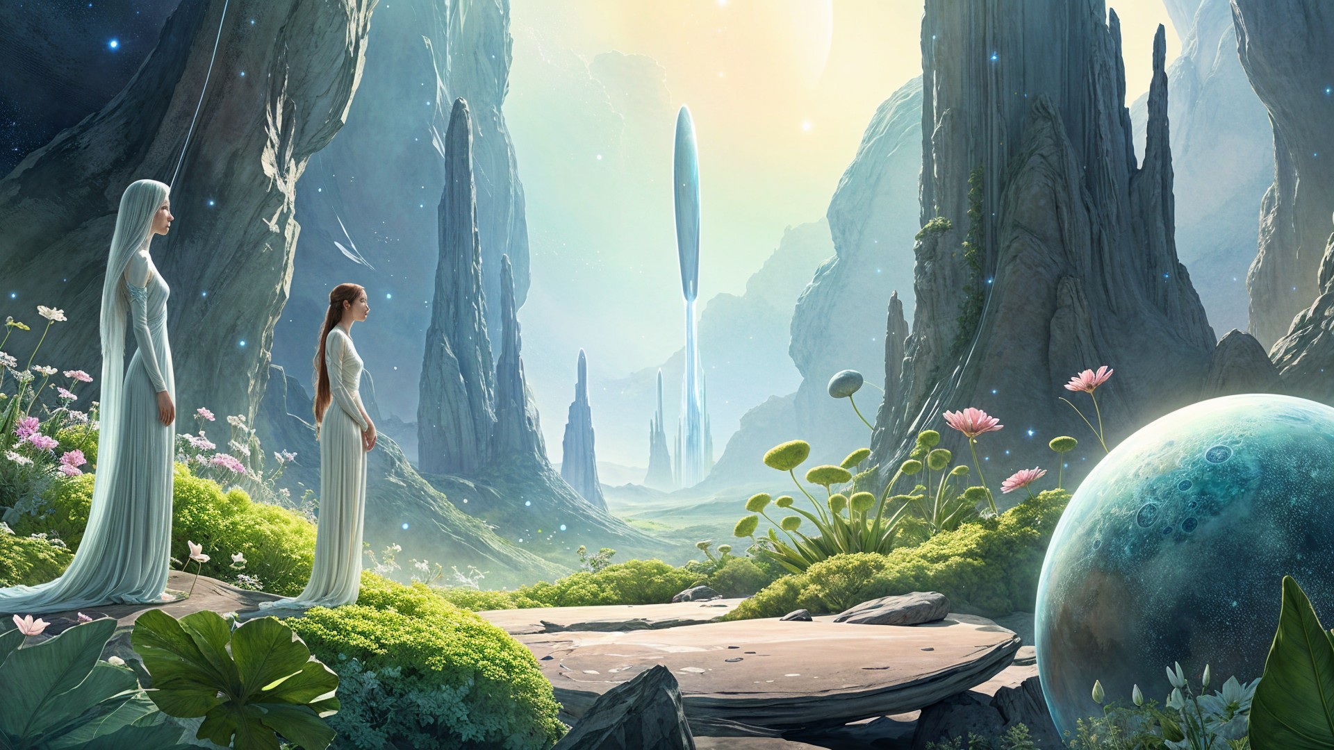 Ethereal Figures in an Alien Landscape with Pastel Sky