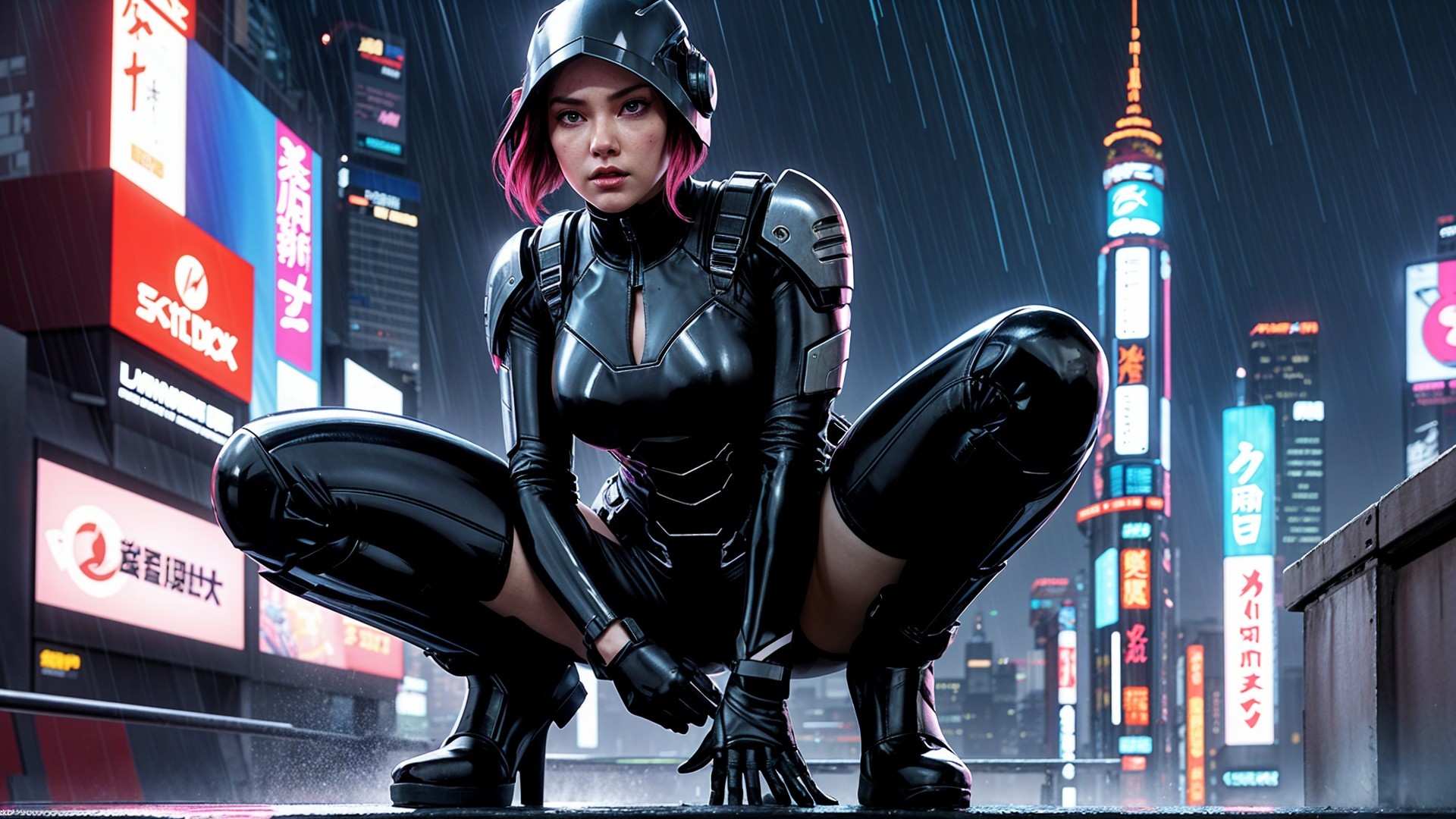 Futuristic Cyberpunk Scene with Female Character in Armor