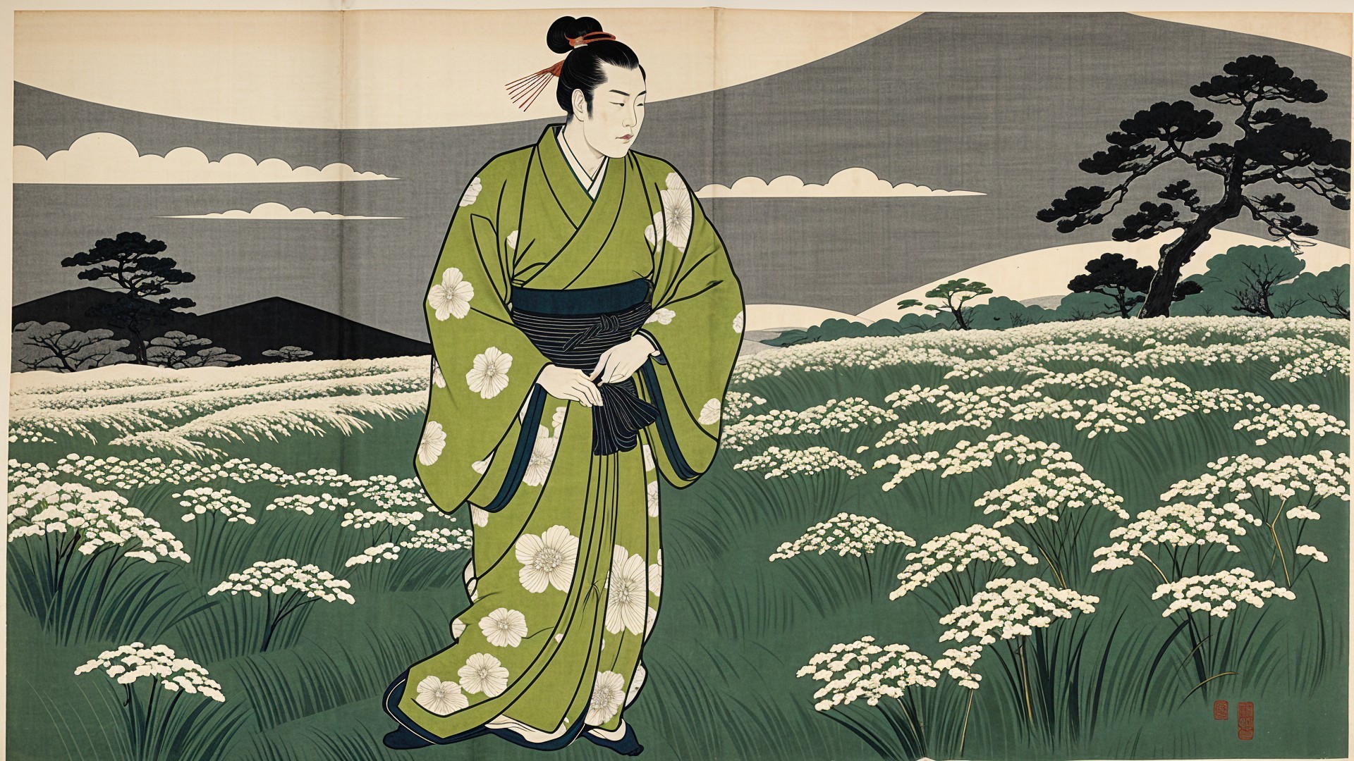 Serene Scene of Woman in Green Kimono in Nature