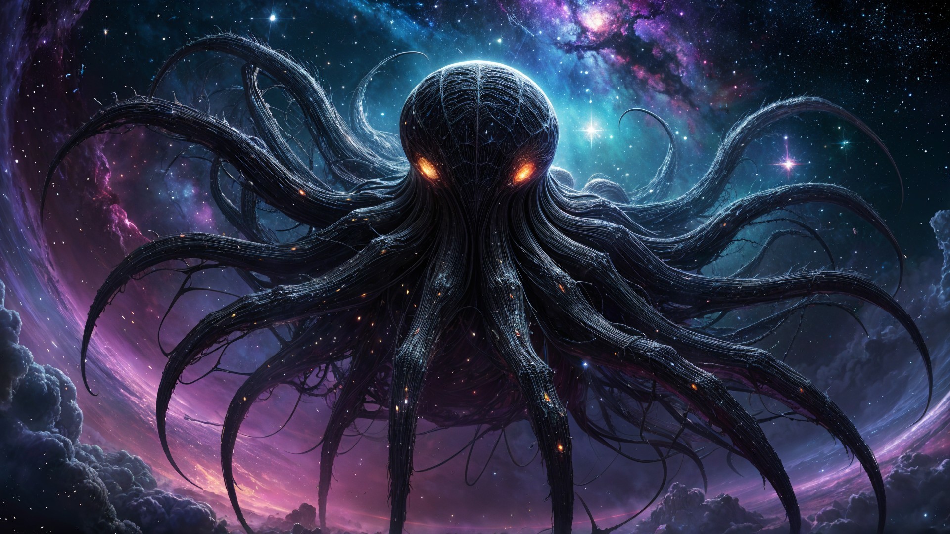 Dark Octopus Figure in Vibrant Cosmic Background