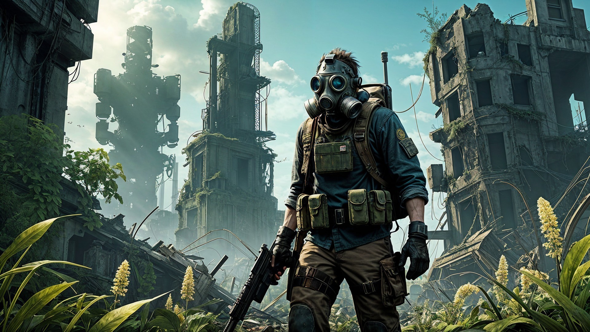 Lone Figure in Tactical Gear in Post-Apocalyptic Ruins