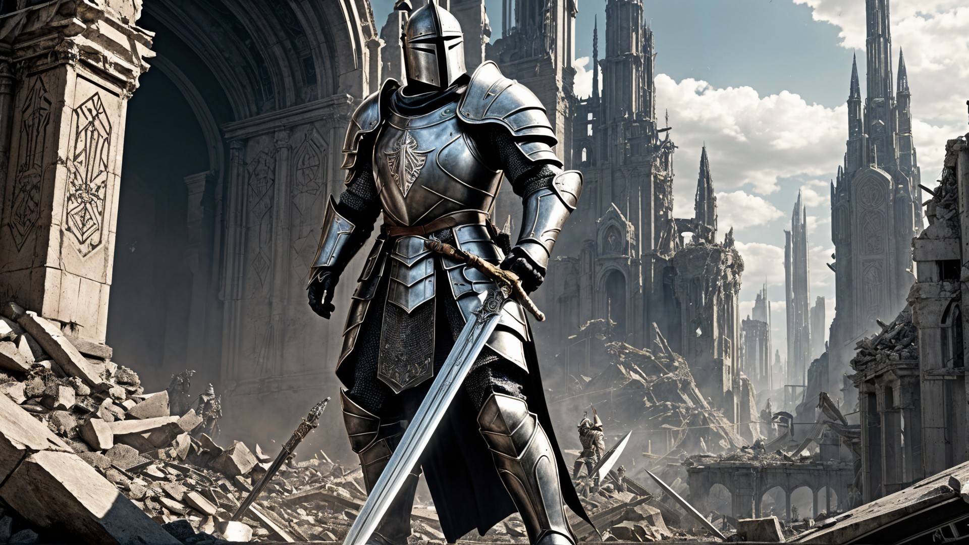Knight in Armor in Ruined Fantasy Landscape